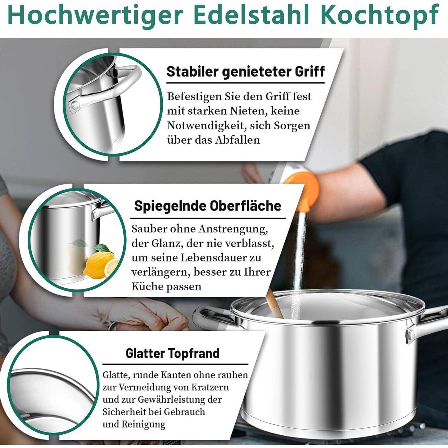 Großer Induktions-Kochtopf 24cm 5,7L Edelstahl mit Glasdeckel