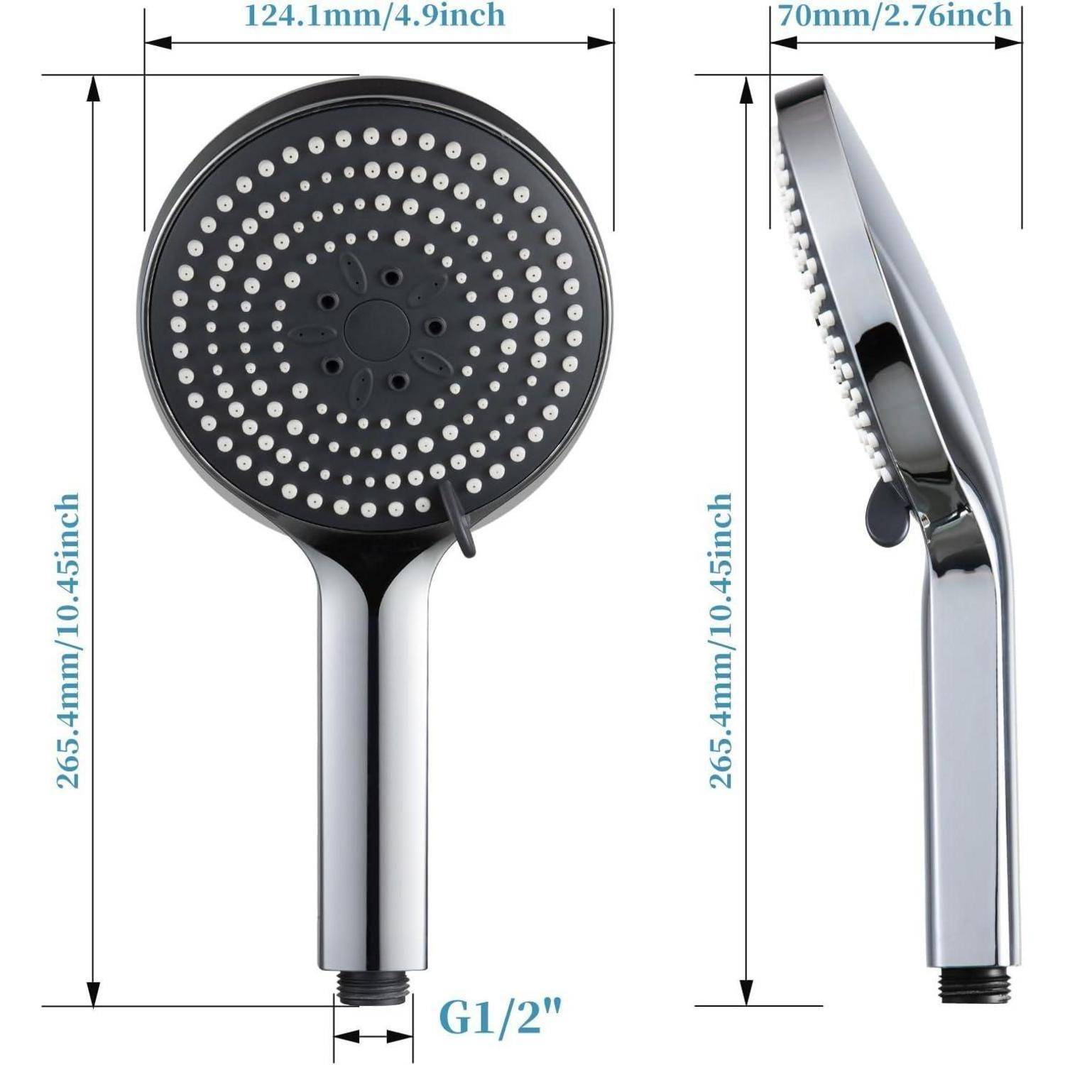 Handbrause mit kreisförmigem Design, misst 265,4 mm in der Länge, 124,1 mm im Durchmesser und 70 mm in der Tiefe, G1/2-Anschluss.
