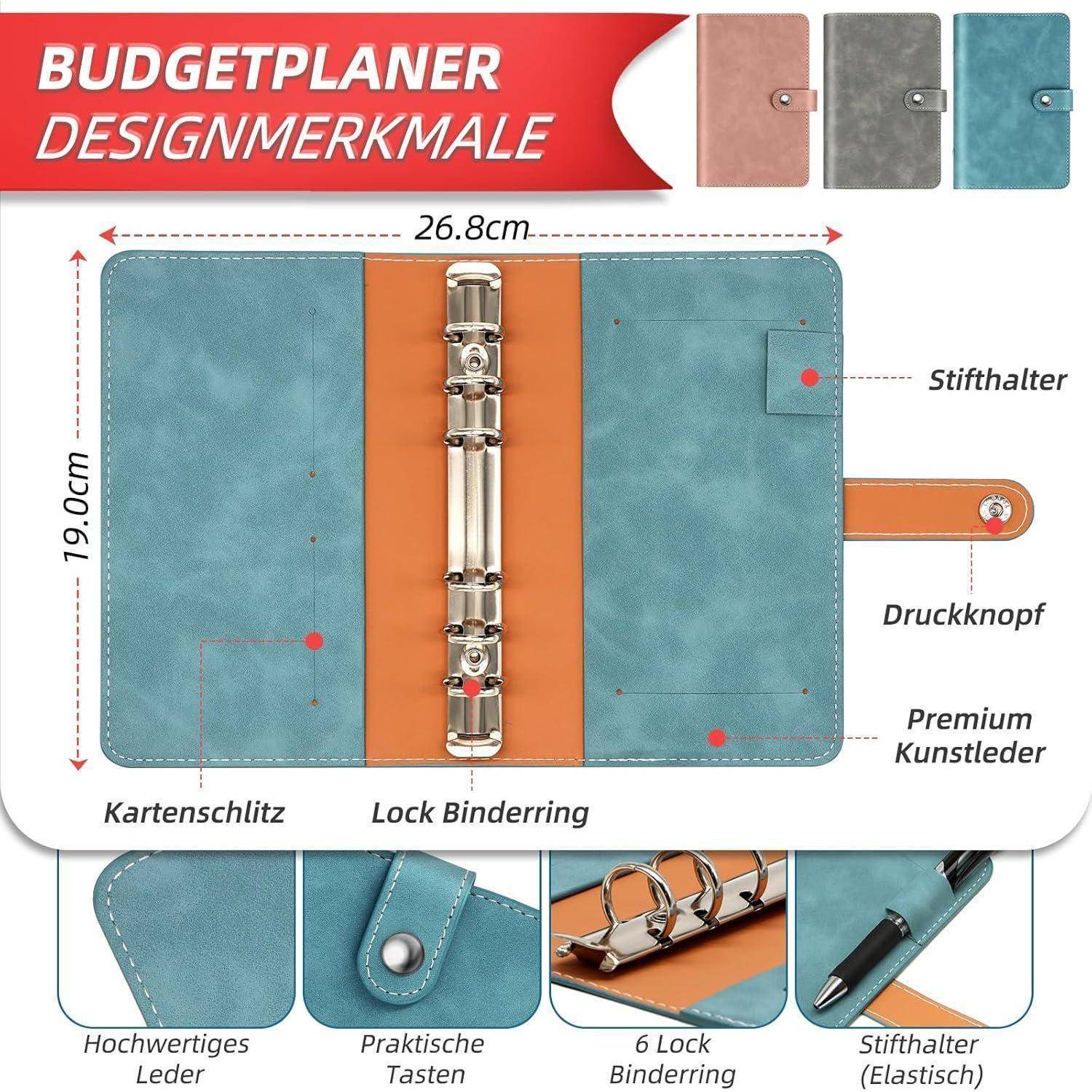 Budget Planner Design-Merkmale' mit den Abmessungen eines Ordners (26,8 cm x 19,0 cm) mit Kartenfach, Stifthalter, Druckknopf und hochwertigem Kunstleder.