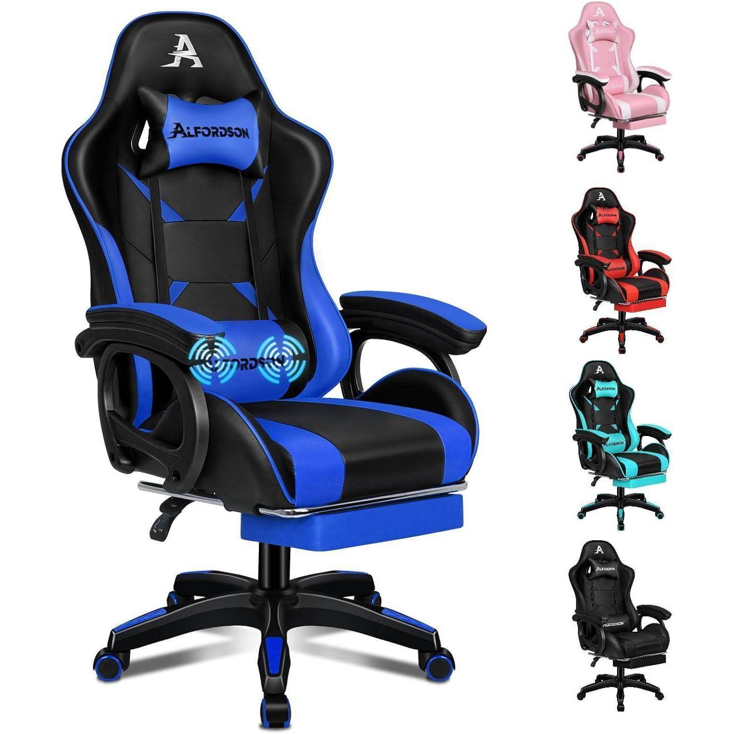 Gaming-Stuhl in Blau und Schwarz mit ergonomischem Design, verstellbaren Armlehnen und Fußstütze. Kleinere Bilder zeigen Varianten in Rosa, Rot, Petrol und Schwarz.