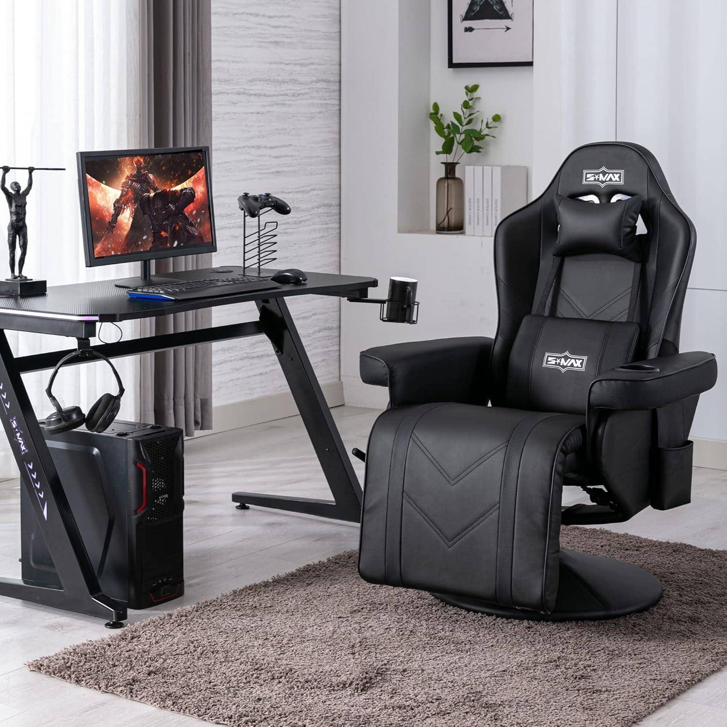 Eine moderne Gaming-Einrichtung mit einem Desktop-Computer und einem Gaming-Stuhl in einem eleganten, lichtdurchfluteten Raum. Das Setup umfasst einen großen Monitor und ein ergonomisches Design.