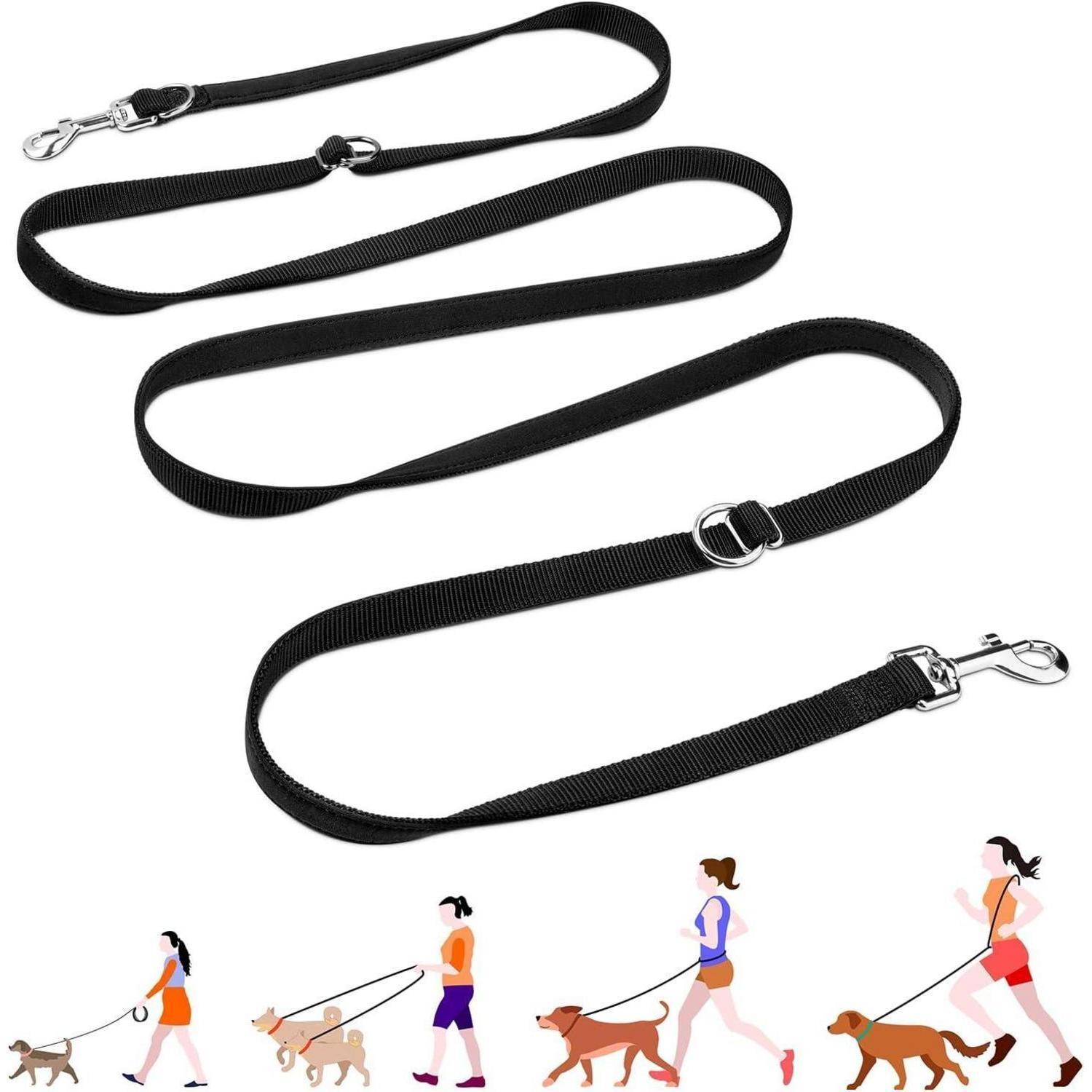Eine schwarze, verstellbare Hundeleine mit Metallkarabinern, ausgestreckt und aufgerollt dargestellt. Illustrationen von Menschen, die mit Hunden joggen, befinden sich darunter.