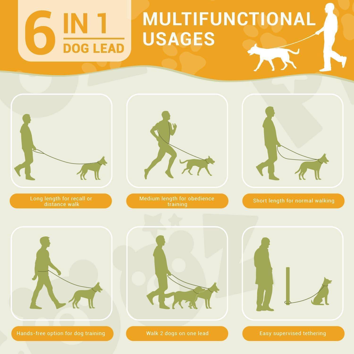 6-in-1 Hundeleine: Multifunktionale Anwendungen für verschiedene Hunde-Trainings- und Spaziergangsszenarien, dargestellt mit Symbolen und Beschriftungen.