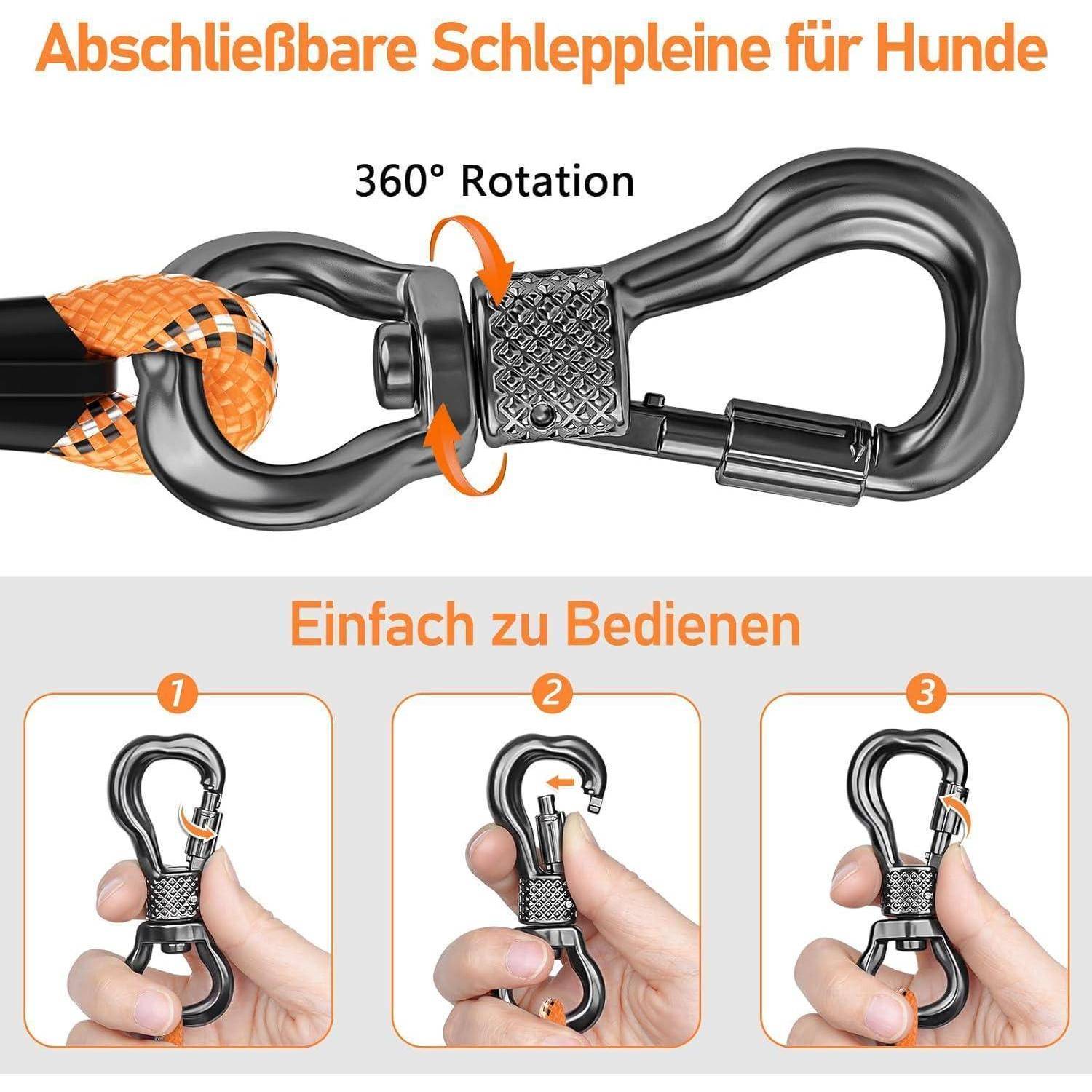 Abschließbare Hundeleine mit 360°-Drehclip für einfache Handhabung.' Schritte zeigen, wie man den Clip für zusätzliche Sicherheit befestigt.