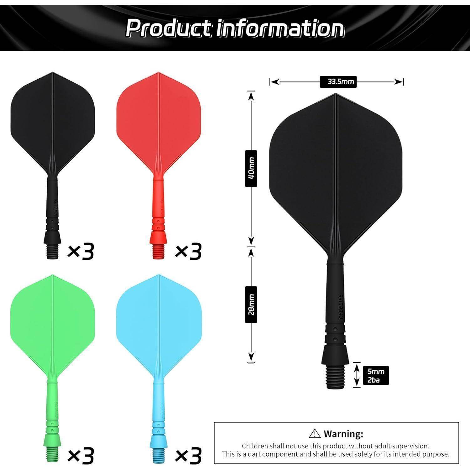 Produktinformation': Satz von 12 Dartflights in Schwarz, Rot, Grün und Blau, 140mm Länge, 33,5mm Breite, 'Warnung: Beaufsichtigung durch Erwachsene erforderlich.
