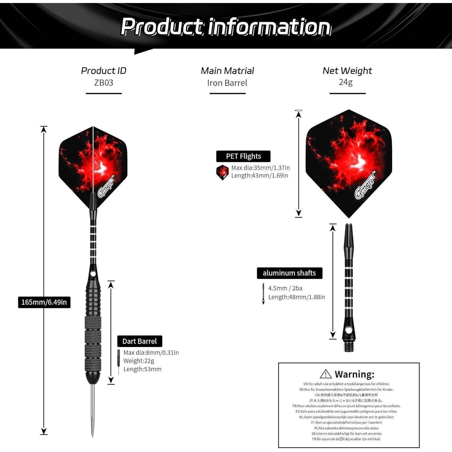 Dart ZB03' mit Eisenlauf, 165 mm Länge. Nettogewicht: 24 g. Ausgestattet mit PET-Flights, Aluminiumschäften. Enthält Sicherheitshinweis.