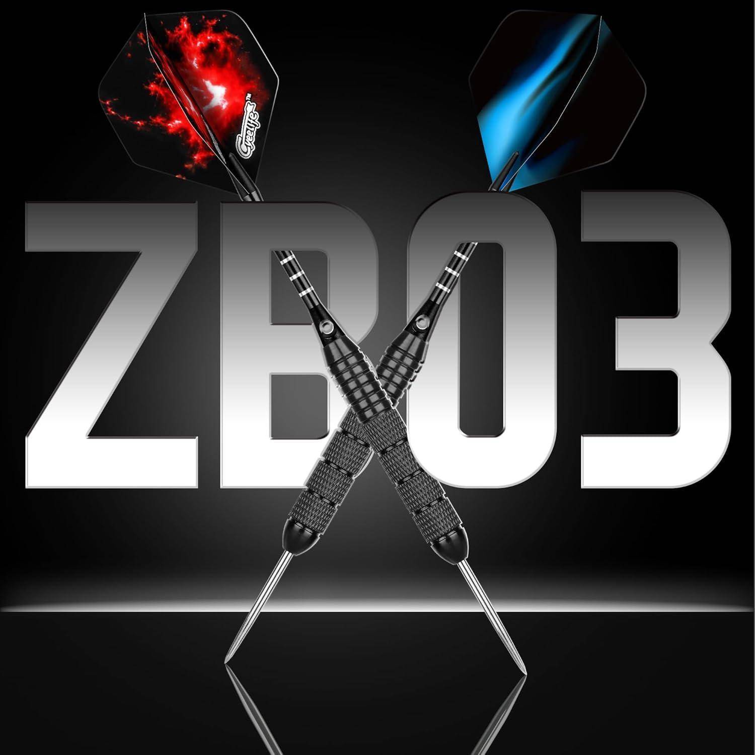 Zwei Pfeile kreuzen sich vor einem großen 'ZB03' Text auf dunklem Hintergrund. Die Pfeile weisen unterschiedliche Designs auf und erzeugen eine dynamische Bildwirkung.