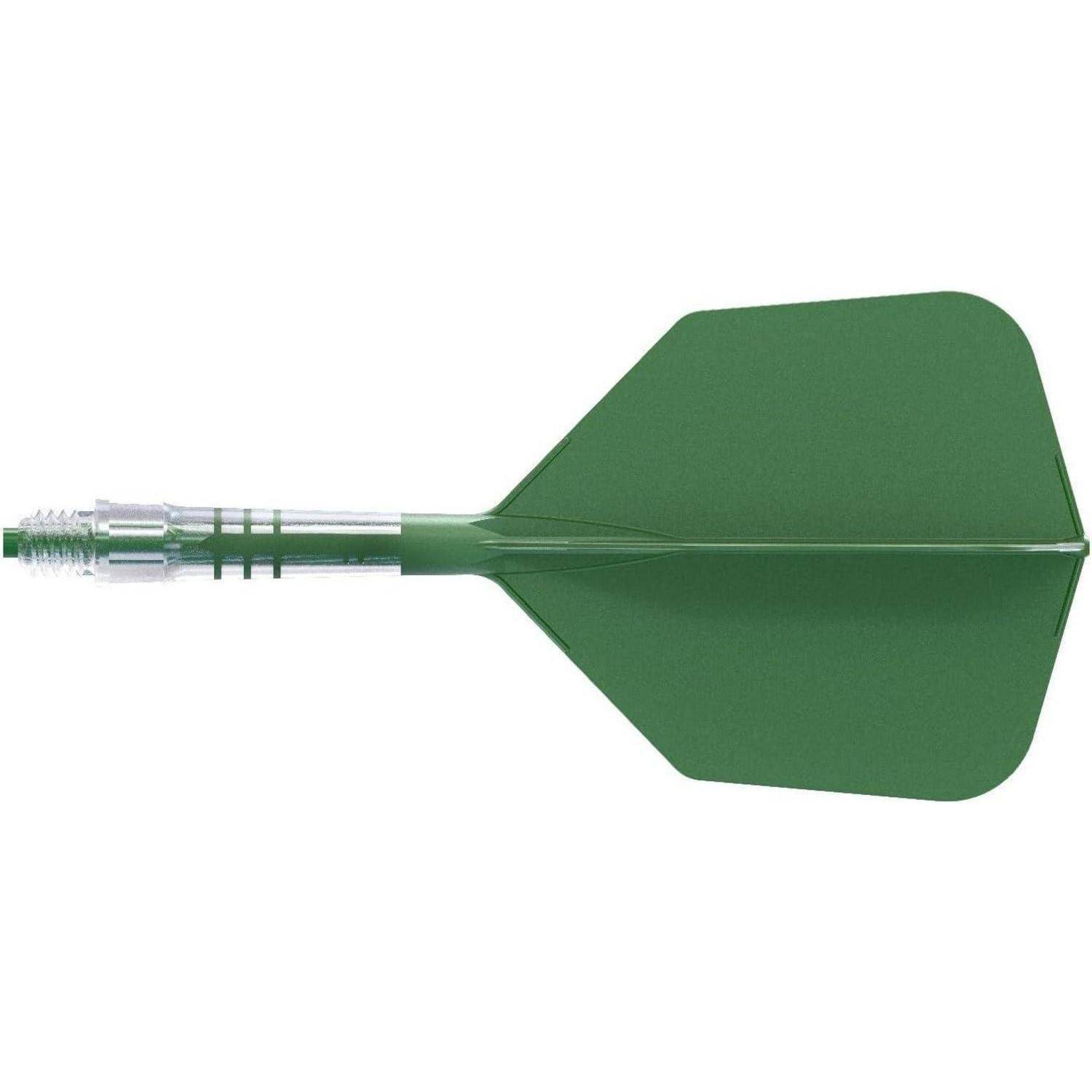 Ein grüner Dart mit einem Kunststoffflügel und einer Metallspitze, der wahrscheinlich zum Dartspiel verwendet wird.