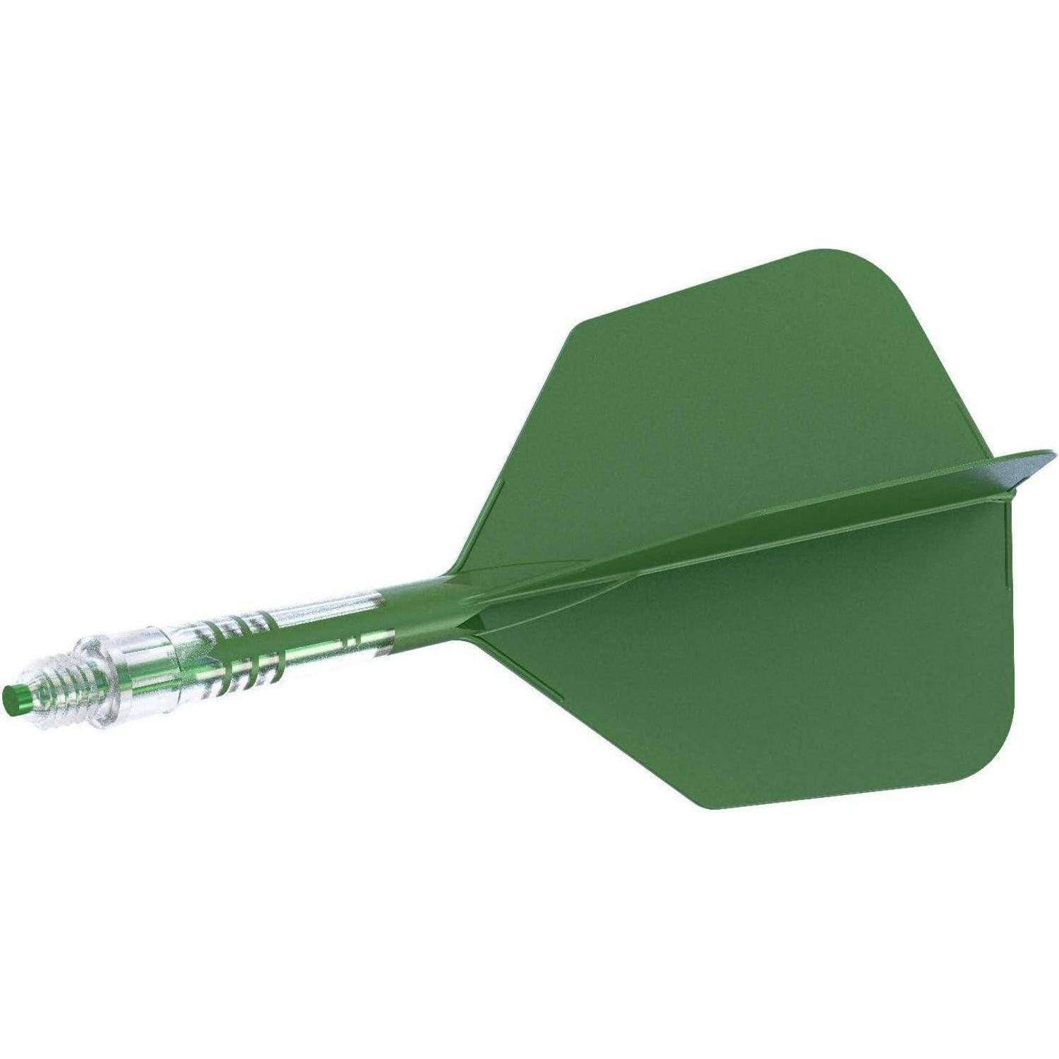 Ein einzelner grüner Dart mit einem durchscheinenden Schaft und grünen Flügeln, entwickelt für Dartspiele.