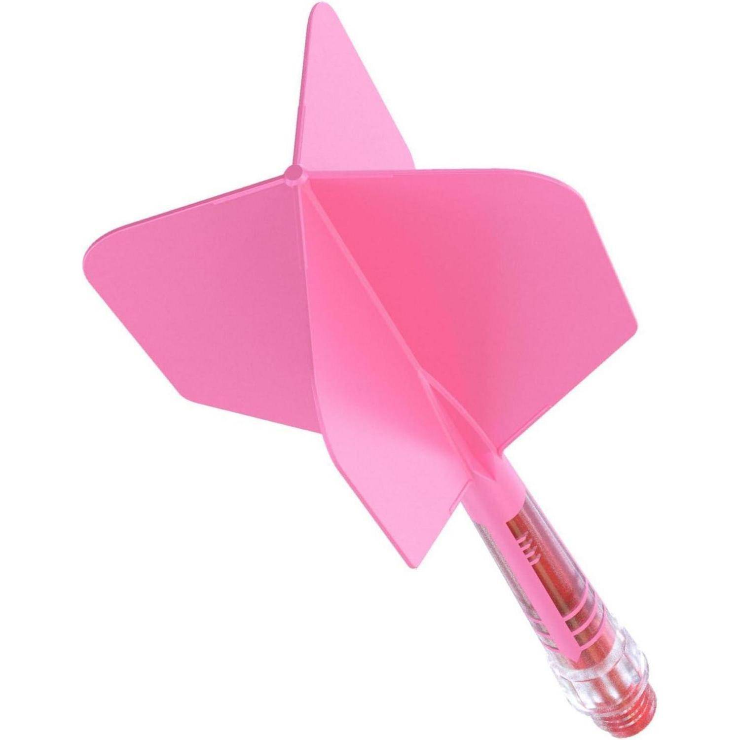 Eine Nahaufnahme eines rosa Dartpfeils mit transparentem Schaft und rosa Flügeln vor einem weißen Hintergrund, die sein ausgewogenes, aerodynamisches Design zeigt.