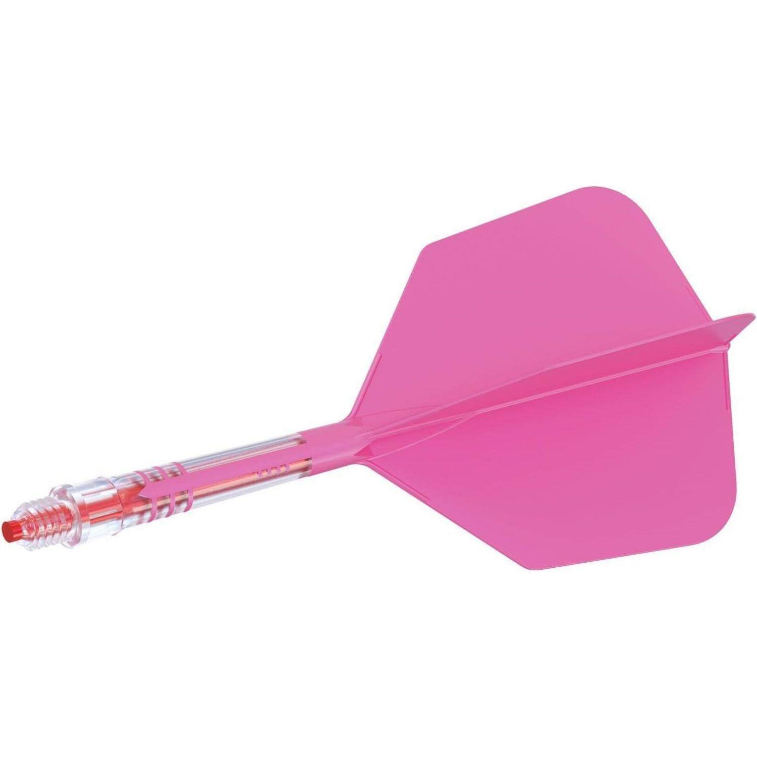 Ein rosa Pfeil mit transparentem Schaft und Standard-Flügel, der in Dartspielen zum Zielen auf eine Dartscheibe verwendet wird.