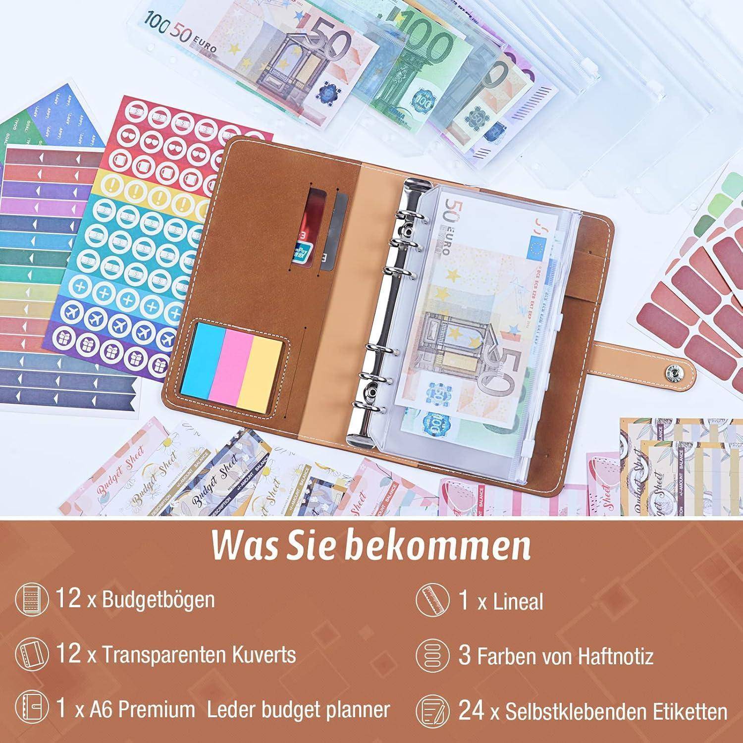 Budget-Planer-Set mit bunten Etiketten, transparenten Taschen, einem Lineal, Haftnotizen und Budgetblättern. Inklusive 'Was Sie bekommen'-Anleitung.