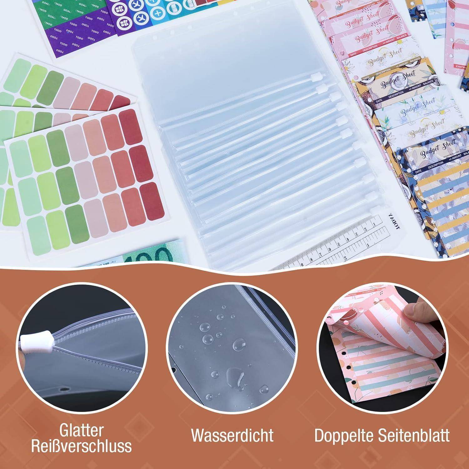 Sortierte bunte Planer-Sticker, ein durchsichtiger Reißverschlussbeutel mit Wasserzeichen zur Symbolisierung der wasserdichten Eigenschaft und eine Nahaufnahme von doppelseitigem Papier.