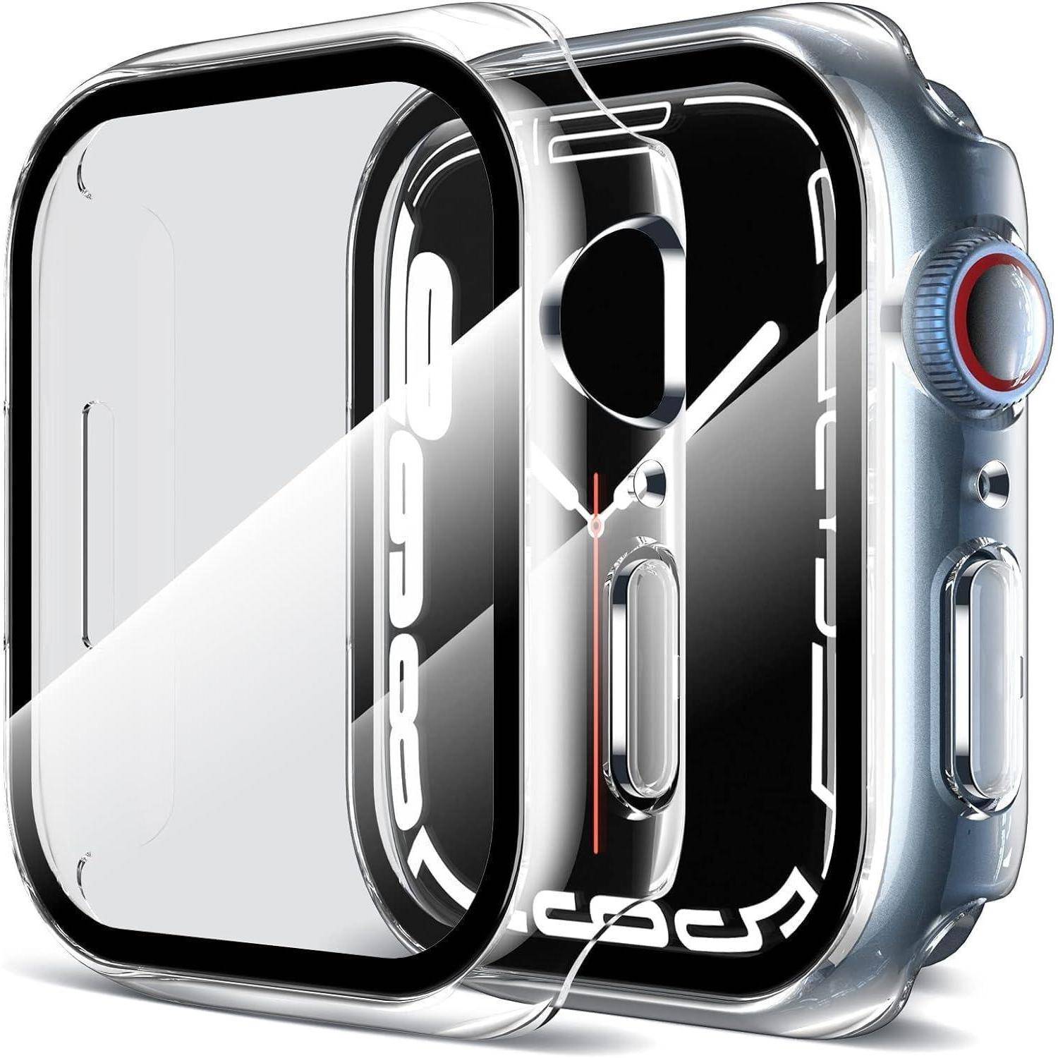 Eine Smartwatch mit einem transparenten Schutzgehäuse über dem Bildschirm und den Seiten, mit einer detaillierten Ansicht des Gehäusedesigns und der Smartwatch-Steuerungen.