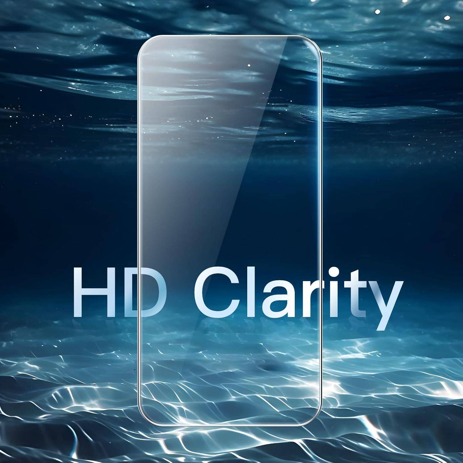 Ein transparenter Smartphone-Bildschirm über einem Wasserhintergrund mit den Worten ‚HD Clarity', die Klarheit und hohe Auflösung betonen.