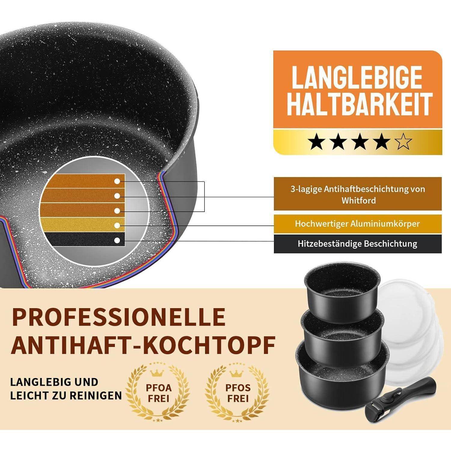 Kochtopf Set 7 tlg | 16+18+20 cm | abnehmbarer Griff