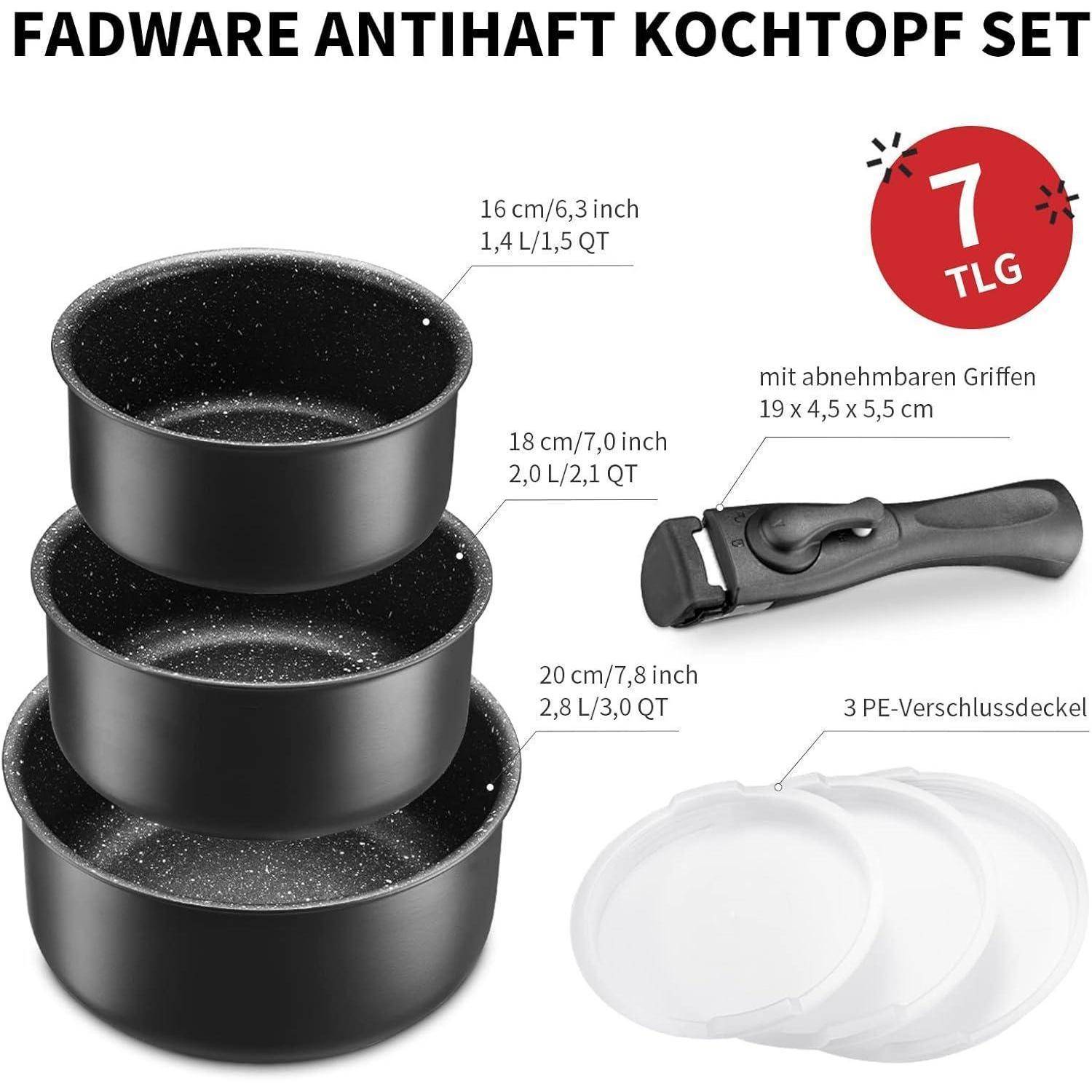 Kochtopf Set 7 tlg | 16+18+20 cm | abnehmbarer Griff