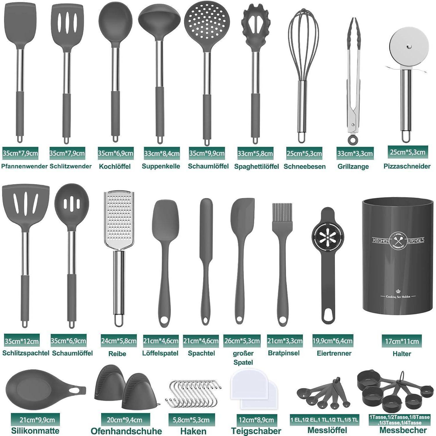 34-teiliges Silikon Kochbesteck Set mit Utensilienhalter, Antihaft