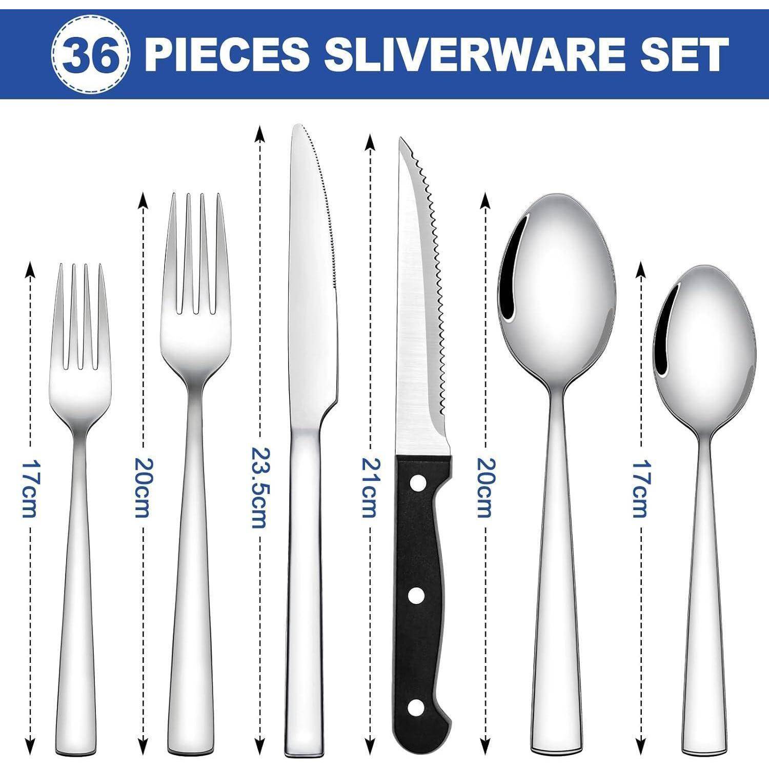 Set von 36 Stück Silberbesteck, einschließlich Gabeln (17 cm, 20 cm), Messern (21 cm, 23,5 cm) und Löffeln (17 cm, 20 cm), dargestellt mit Maßangaben.
