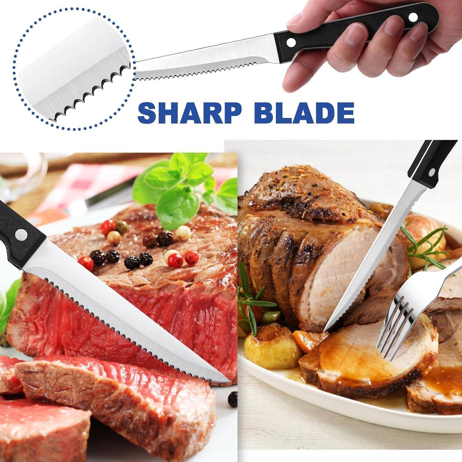 Ein Sägemesser mit schwarzem Griff schneidet durch Steak und Braten. Text liest sich „SCHARFE KLINGE