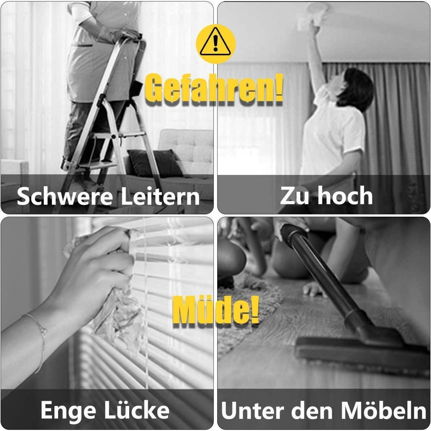 Vier schwarzweiße Bilder warnen vor Haushaltsgefahren: ‚Schwere Leitern', ‚Zu hoch', ‚Enge Lücken', ‚Unter Möbeln'. Gelber Text hebt Risiken hervor.