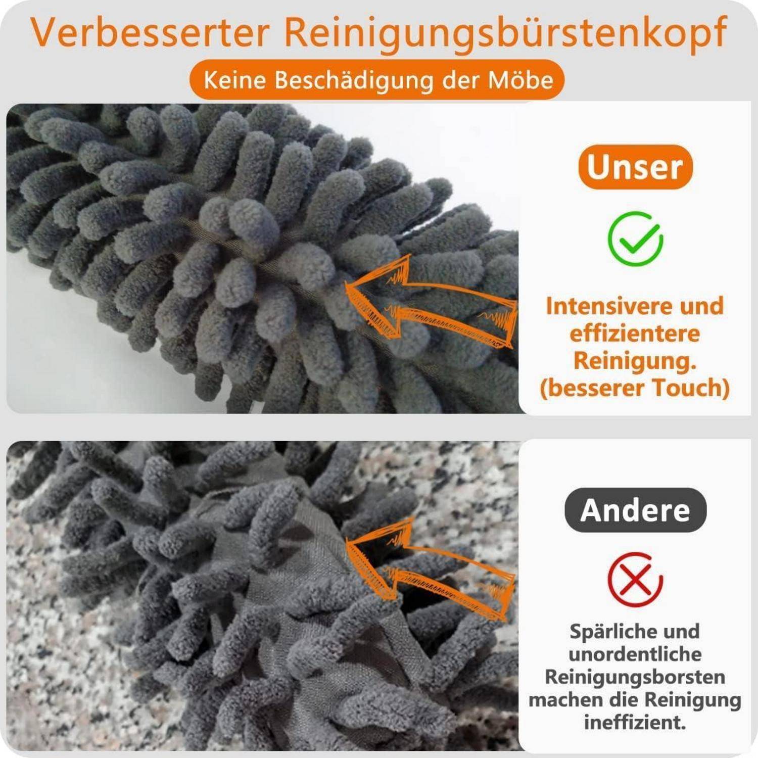 Das Bild kontrastiert zwei Reinigungsbürstenköpfe. Der obere zeigt 'Unser', mit optimierter, effizienter Reinigung in orangefarbenem Text. Der untere zeigt 'Andere', als ineffizient in rotem Text markiert.