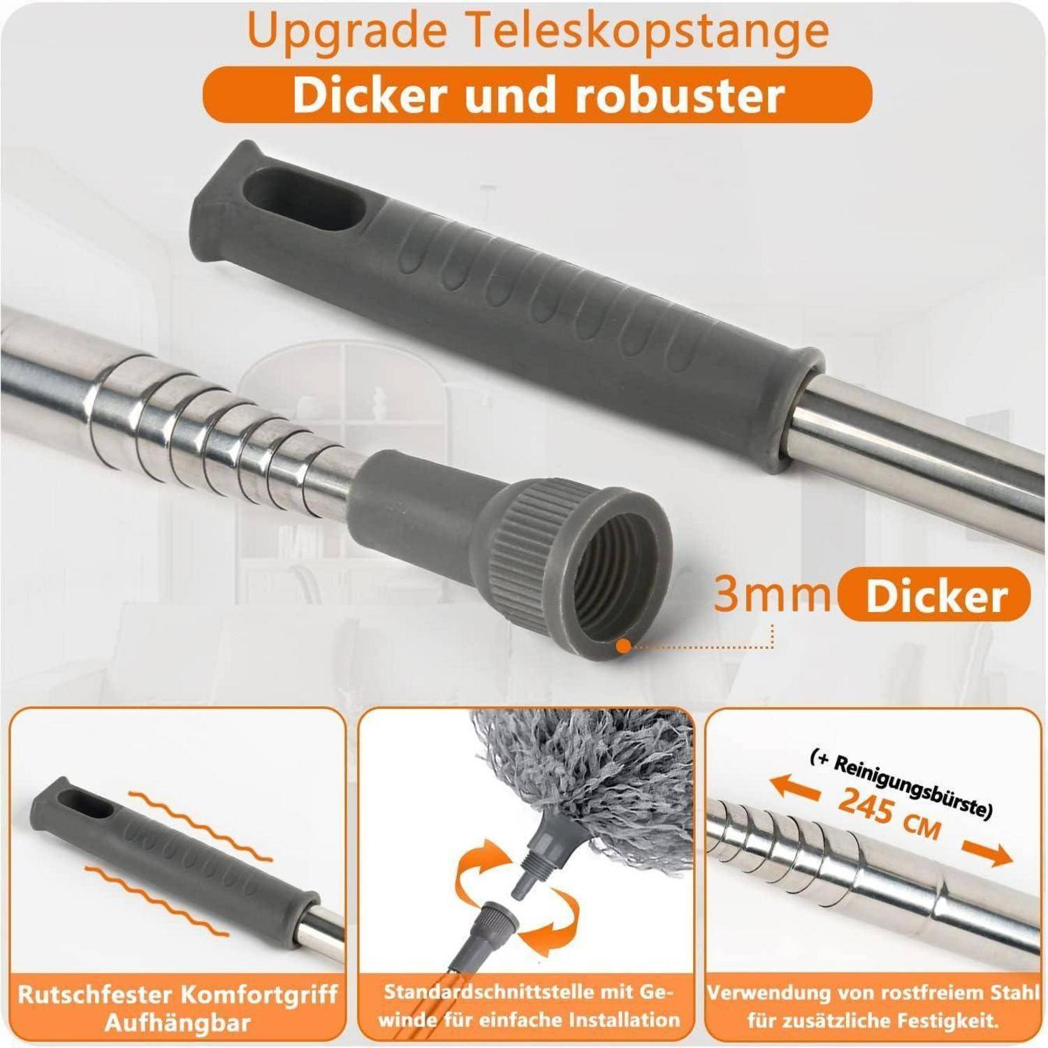 Staubwedel Teleskop Waschbar,Staubwischer Teleskop Stange und Biegbar Eckbesen,Duster Mikrofaser Edelstahl mit teleskopstange lang ausziehbar bis