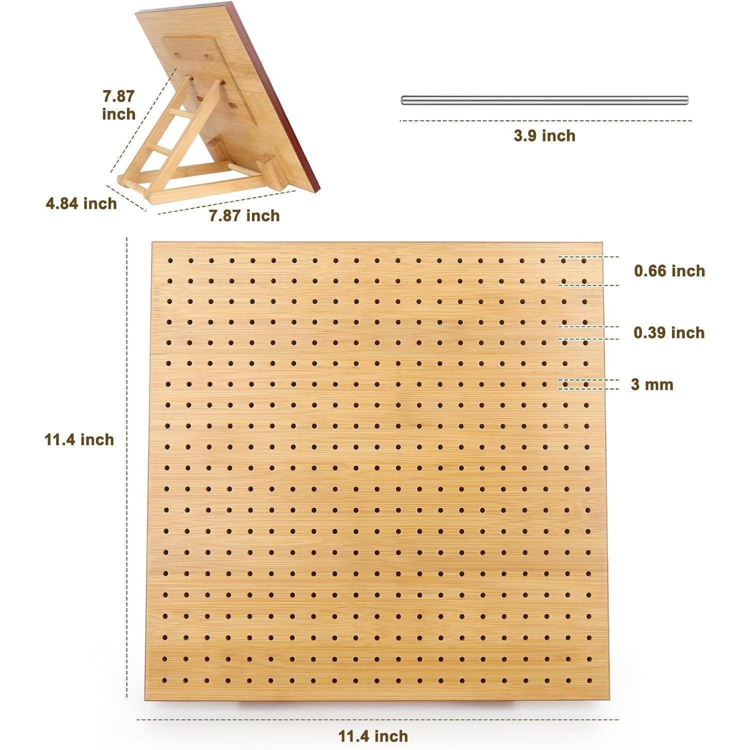 Holz-Lochplatte misst 11,4 x 11,4 Zoll mit 3 mm Löchern, enthält Seitenansicht mit Standabmessungen von 7,87 x 7,87 x 4,84 Zoll.