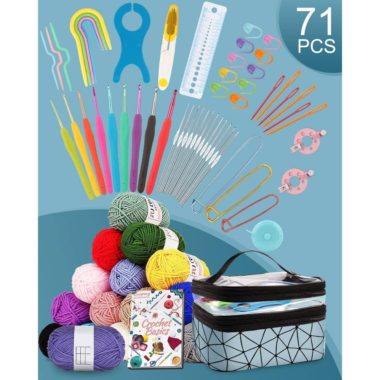 Häkel-Set mit 71 Teilen, einschließlich verschiedener Häkelnadeln, bunter Wolle, Sicherheitsnadeln, Maschenmarkierern, Maßband und einer Aufbewahrungstasche.