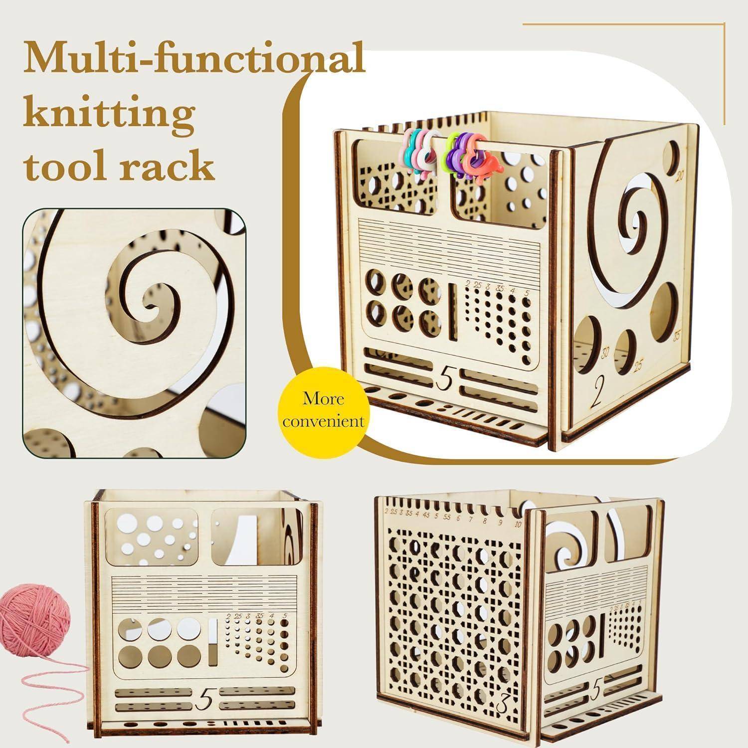 Multifunktionales Strickwerkzeug-Rack - ein Holzorganizer mit verschiedenen Fächern und dekorativen Spiralmustern, entwickelt für Strickutensilien.