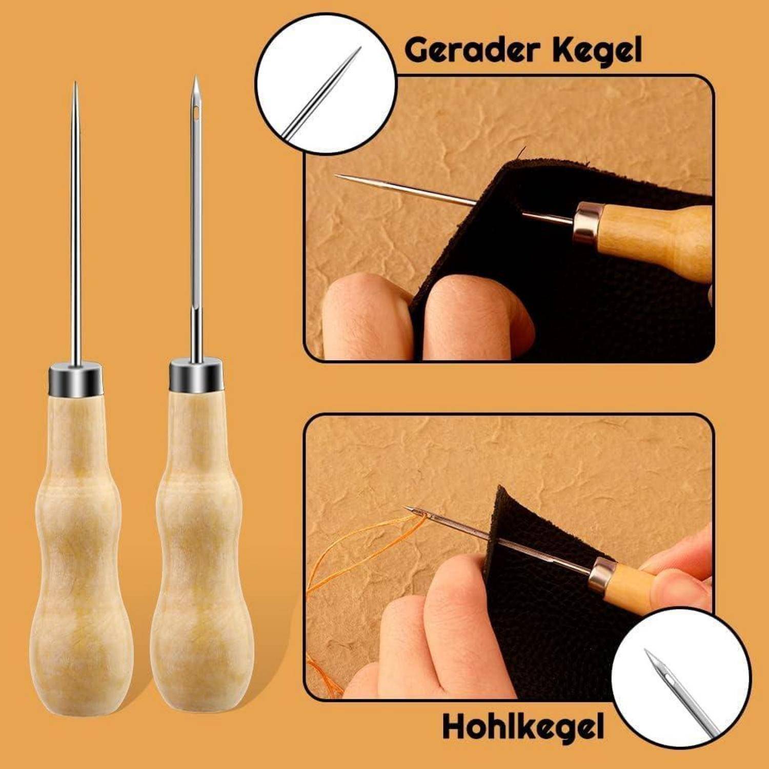 Zwei Nähwerkzeuge mit Holzgriffen werden gezeigt. Eines hat eine gerade Nadel ('Gerader Kegel'), das andere eine Hohlnadel ('Hohlkegel').