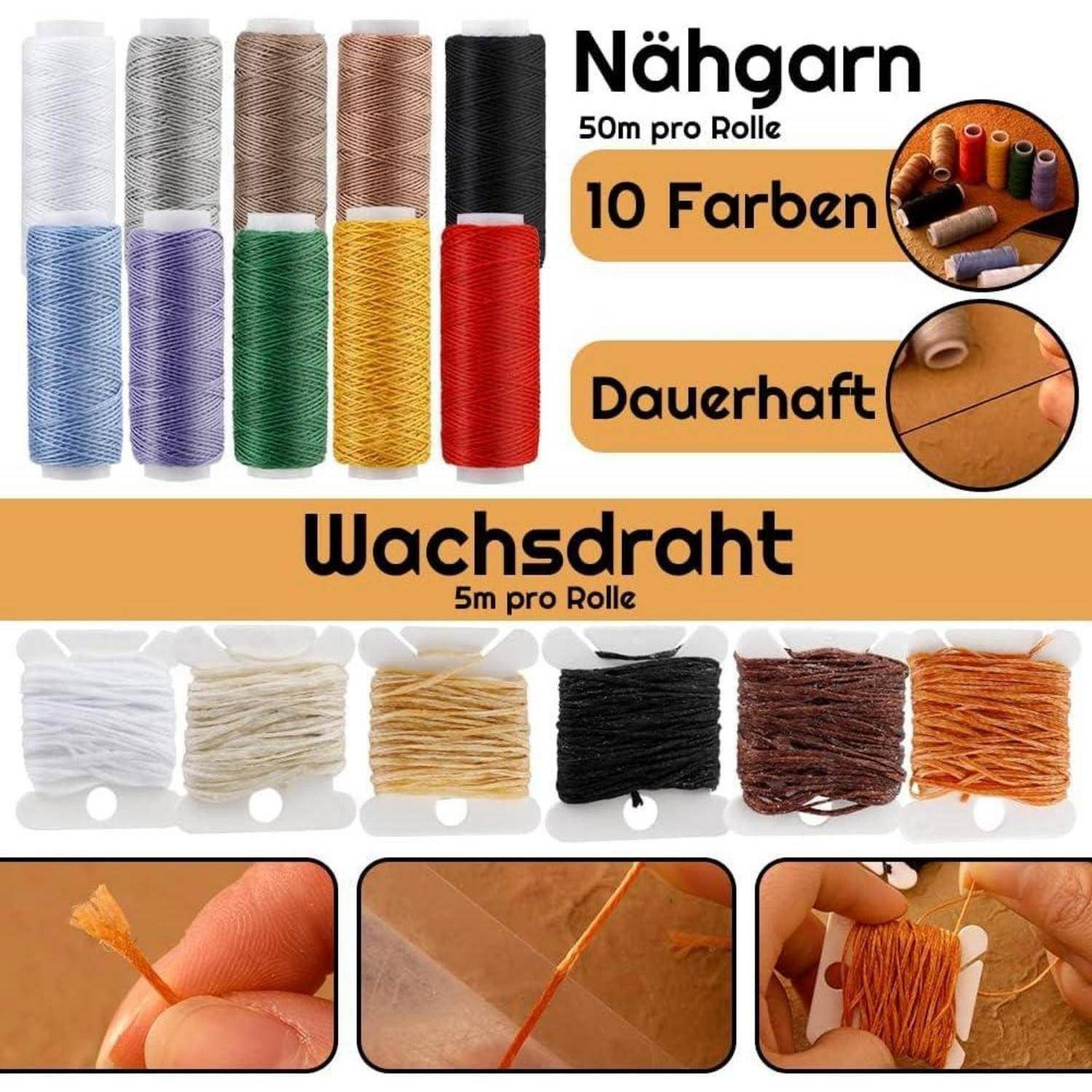 Nähgarn mit 10 Farben und 50m pro Rolle und Wachsdraht mit 5 Farben und 5m pro Rolle. Enthält Bilder der Fadenstruktur.