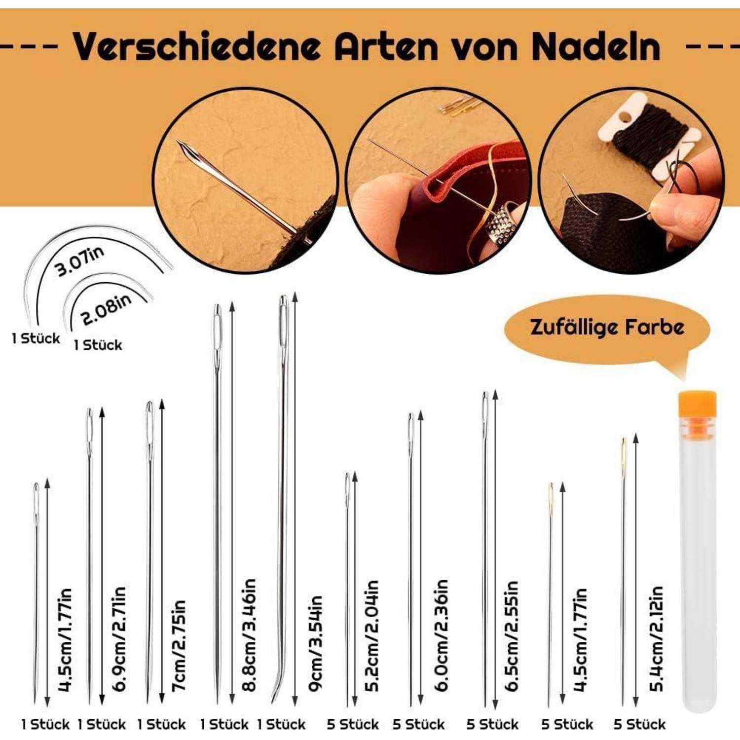 Das Bild 'Verschiedene Arten von Nadeln' zeigt verschiedene Nadeltypen mit Messungen in Zoll. Es enthält eine Schachtel, die mit 'Zufällige Farbe' beschriftet ist.