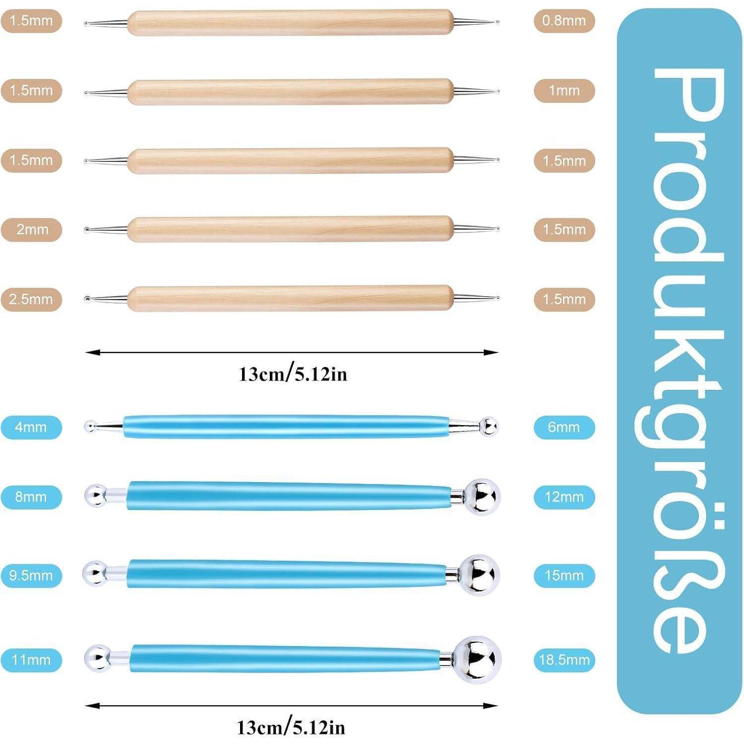 Produktgröße: Abbildung zeigt fünf Holz-Stylus-Werkzeuge mit verschiedenen Spitzengrößen (0,8 mm bis 2 mm) und vier blaue Kugel-Stylus-Werkzeuge mit unterschiedlichen Größen (4 mm bis 18,5 mm), jeweils 13 cm lang.