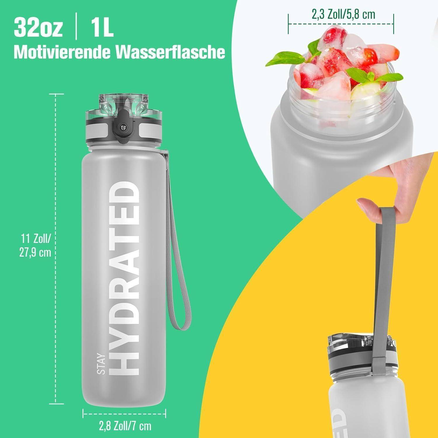 Sport Trinkflasche BPA-frei 1L Auslaufsicher Camping Yoga Grau 32oz
