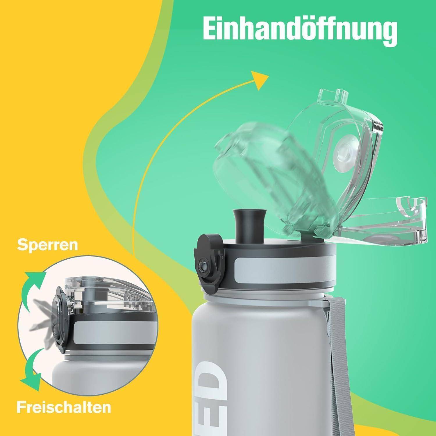 Sport Trinkflasche BPA-frei 1L Auslaufsicher Camping Yoga Grau 32oz