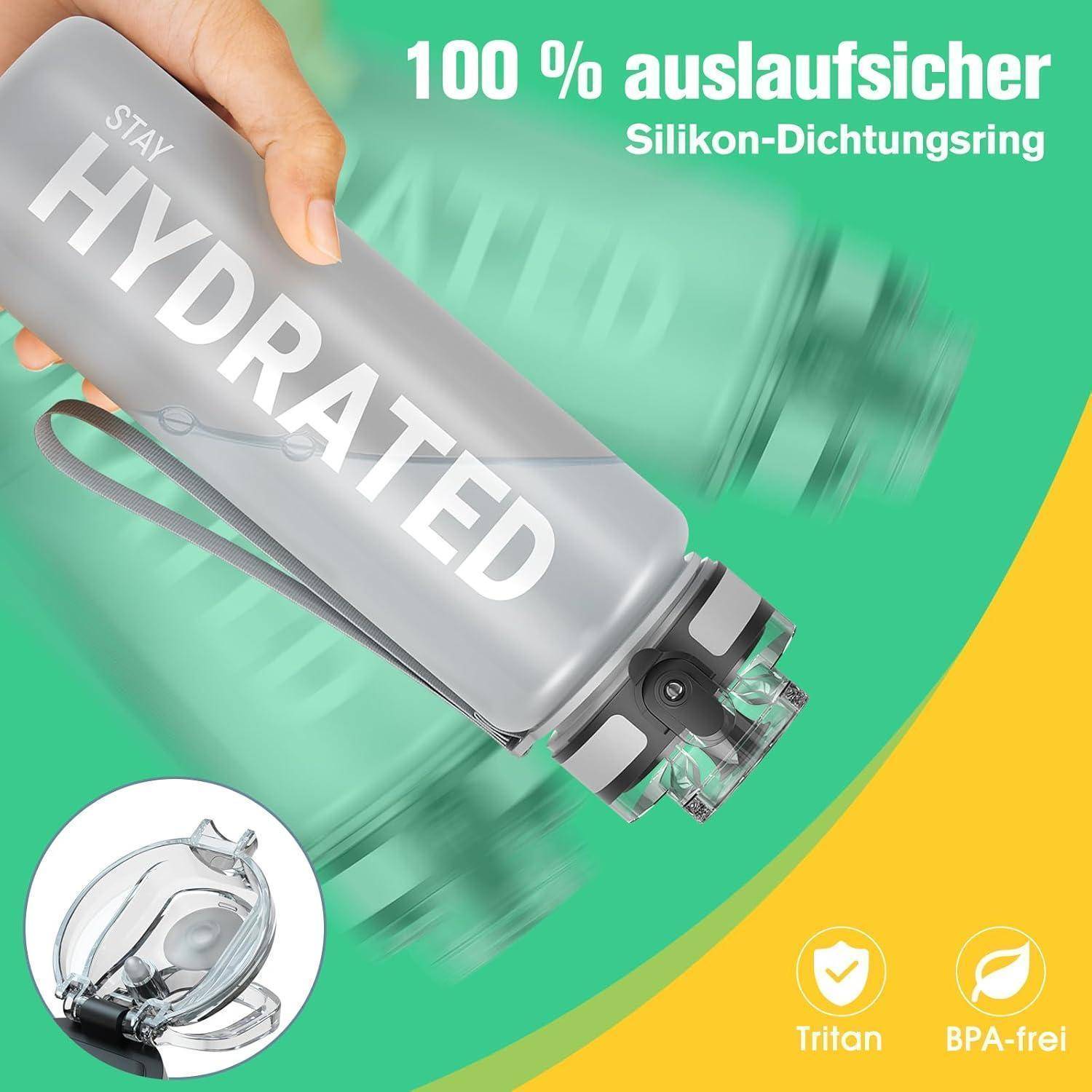 Sport Trinkflasche BPA-frei 1L Auslaufsicher Camping Yoga Grau 32oz