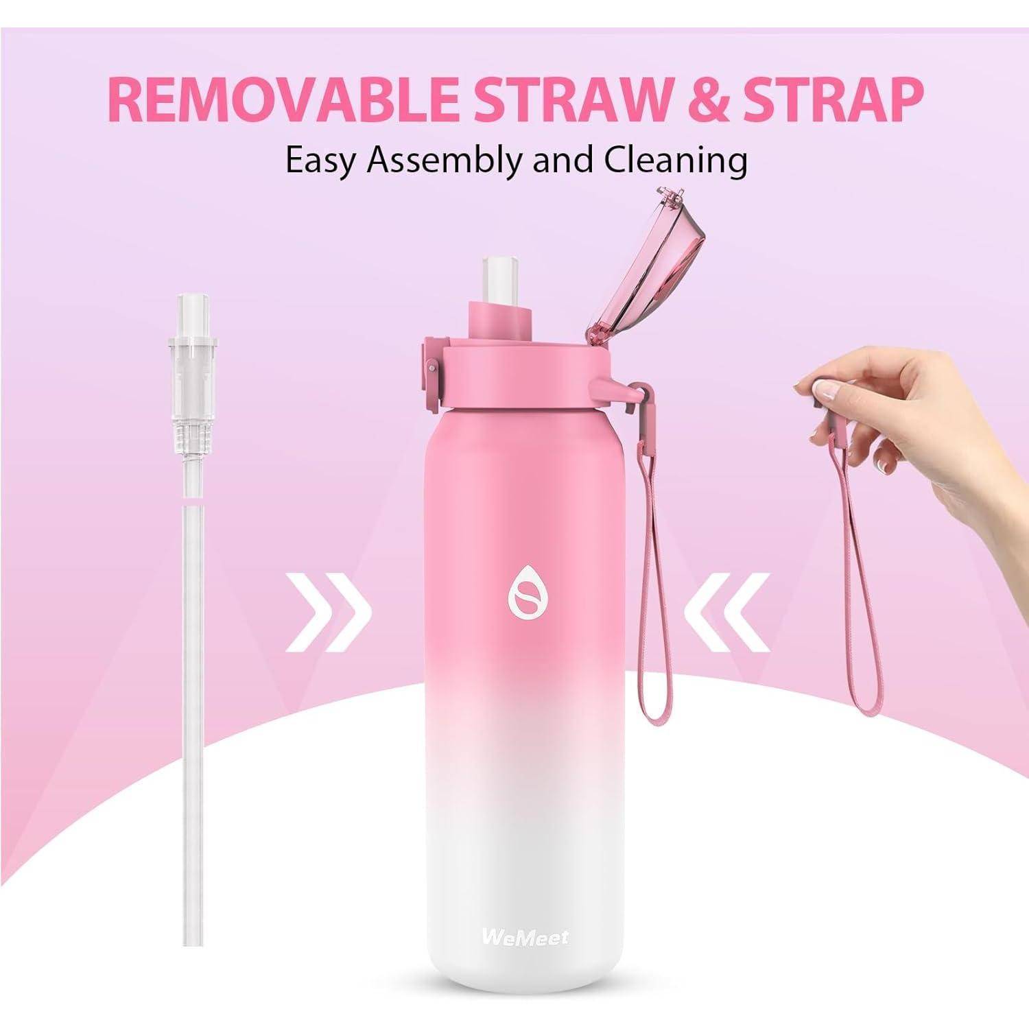 Trinkflasche 1000ML Edelstahl Abnehmbarer Strohhalm Doppelwandig