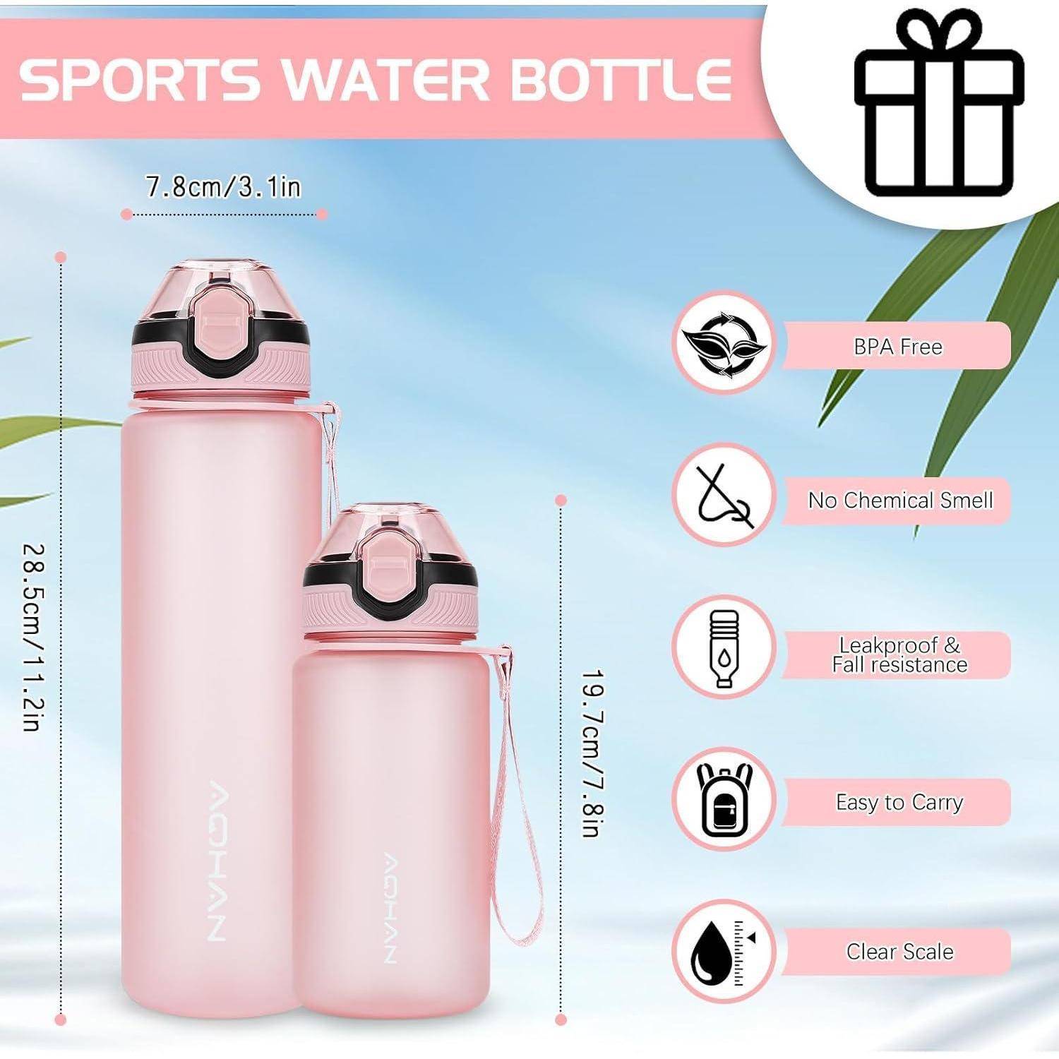 Rosa Sporttrinkflasche-Set mit Abmessungen. Merkmale umfassen BPA-frei, kein chemischer Geruch, auslaufsicher, leicht zu transportieren.