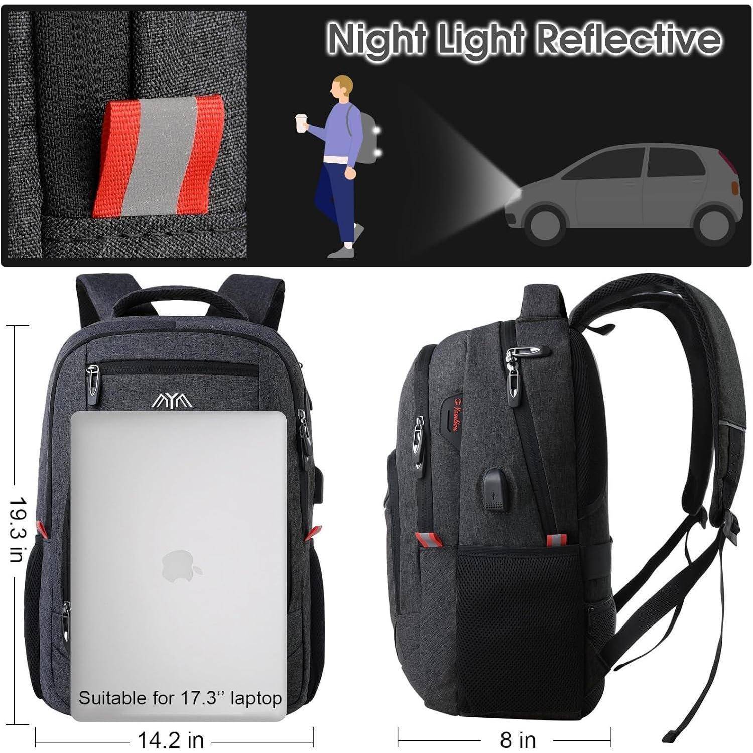 Mehrtaschen-Rucksack mit Reflektorstreifen, geeignet für Laptops bis zu 17,3 Zoll; verfügt über eine Lichteffektfunktion für bessere Sichtbarkeit bei Nacht.