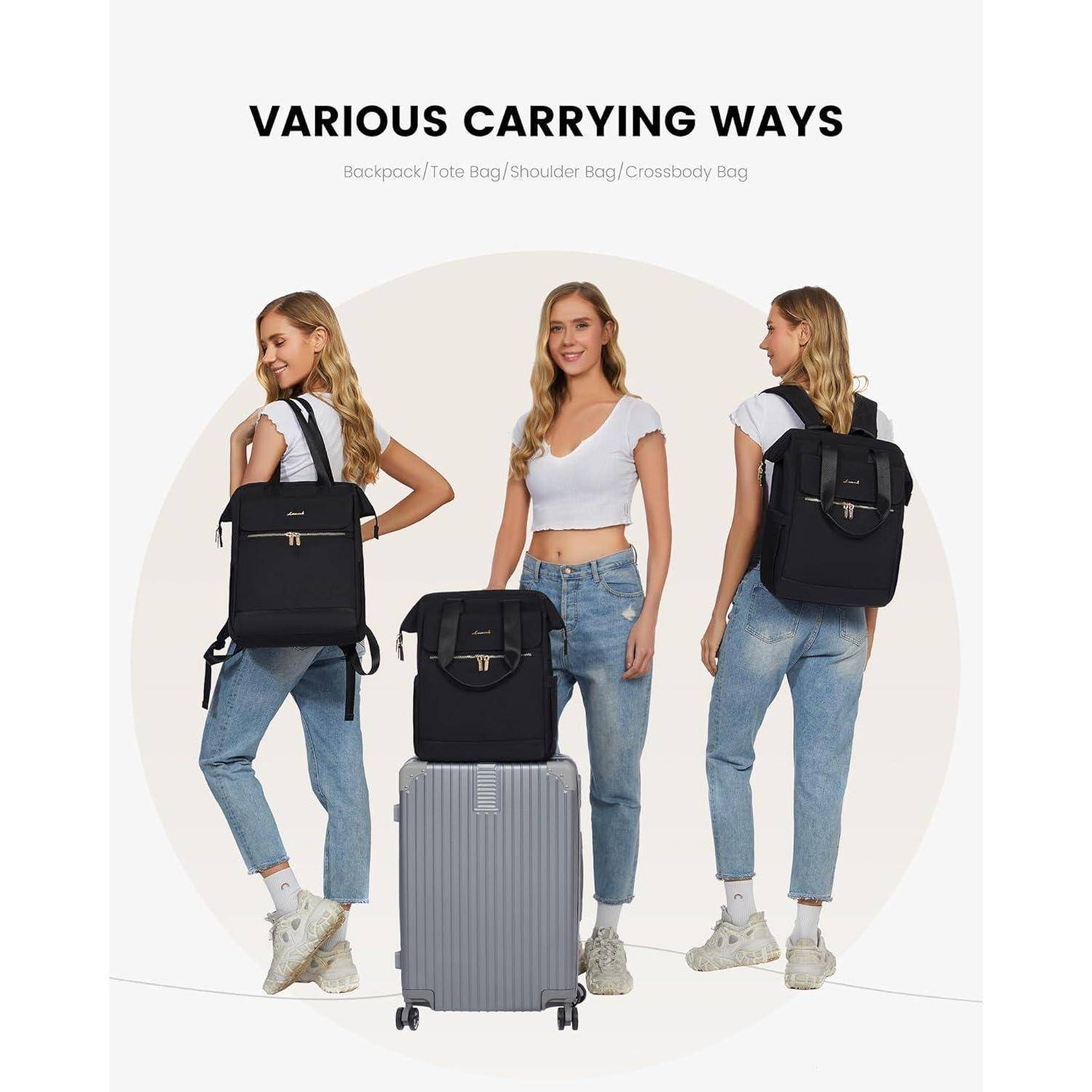 Schwarzer Schulrucksack Damen 15,6 Zoll Laptopfach Stadt-Rucksack