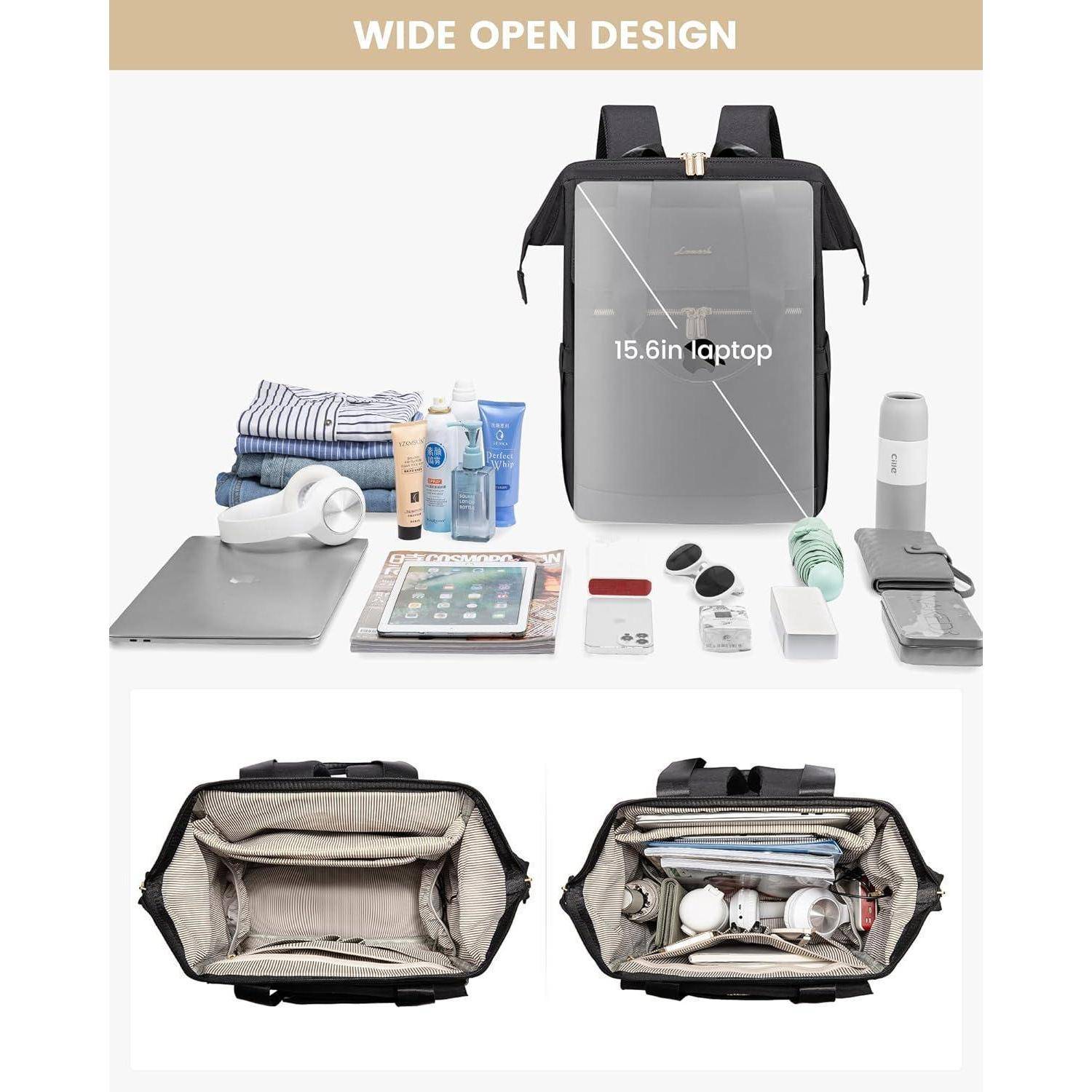 Schwarzer Schulrucksack Damen 15,6 Zoll Laptopfach Stadt-Rucksack