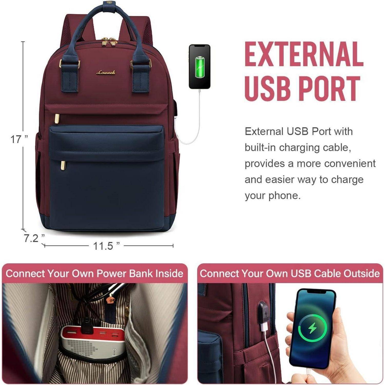 Rucksack mit externem USB-Anschluss, 43 cm x 29 cm x 18 cm, inklusive integriertem Kabel für einfaches Aufladen des Telefons. Innere Tasche enthält Powerbank.