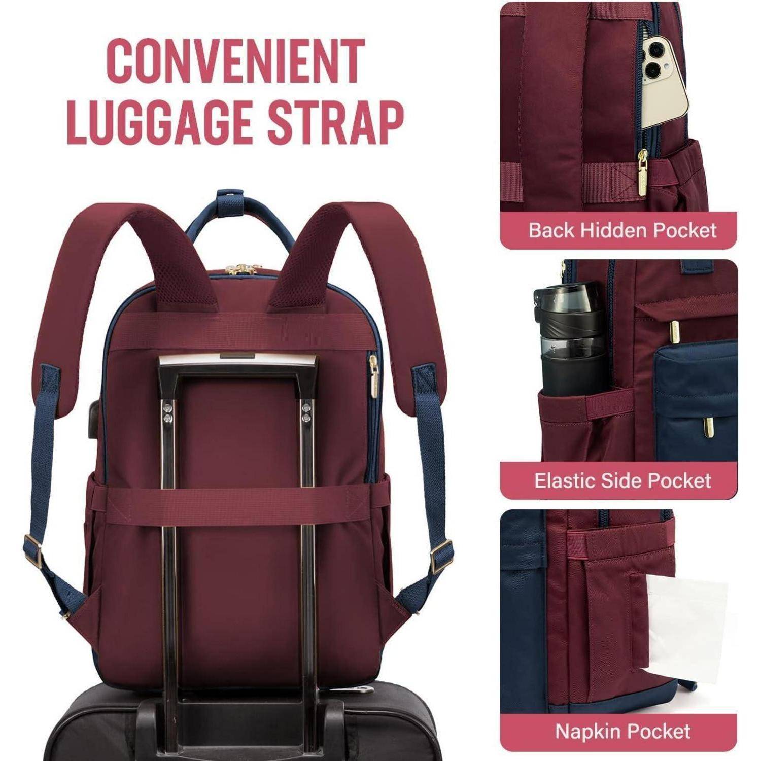 Rucksack mit einem 'Praktischen Gepäckgurt', der am Griff eines Koffers befestigt ist. Zu den Merkmalen gehören eine versteckte Rückentasche, eine elastische Seitentasche und eine Serviettentasche.