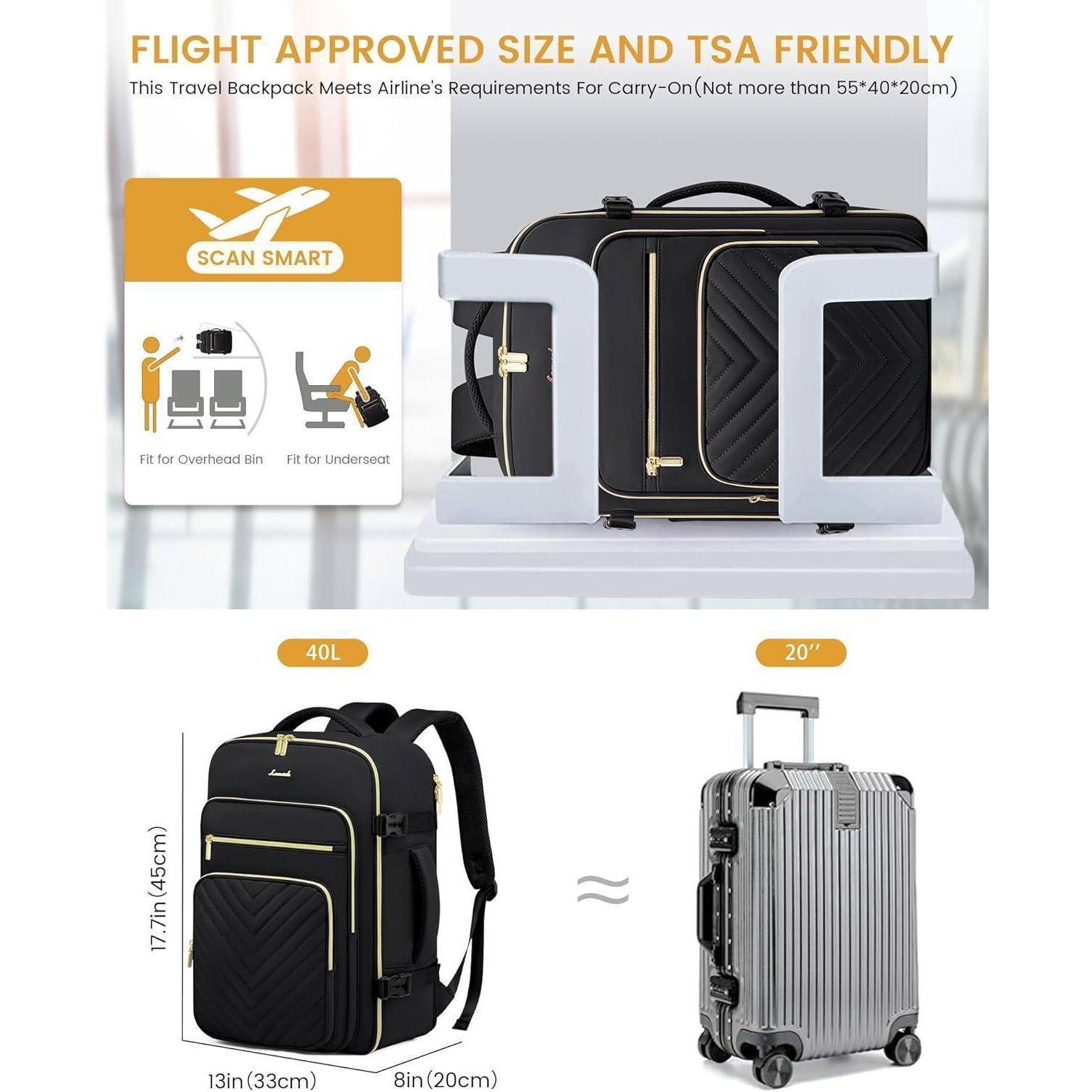 Rucksack in Flug-Standardgröße und TSA-konform, 17x13x8 Zoll, passt in Gepäckfächer und unter Sitze. Geeignet als Handgepäck.