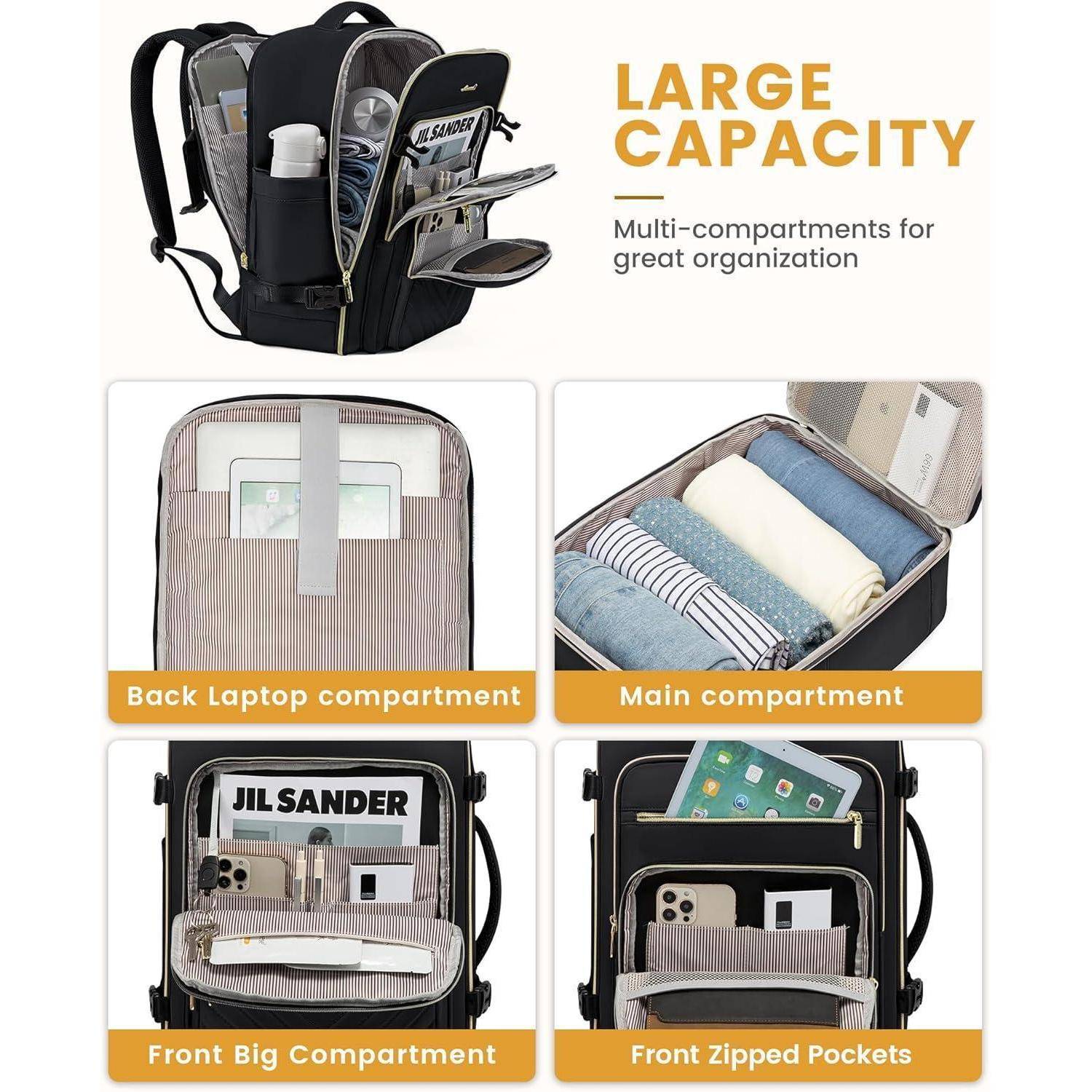 Rucksack mit großer Kapazität und mehreren Fächern zur Organisation: Rückseite mit Laptopfach, Hauptbereich, großem vorderen Fach und Reißverschlusstaschen vorne.