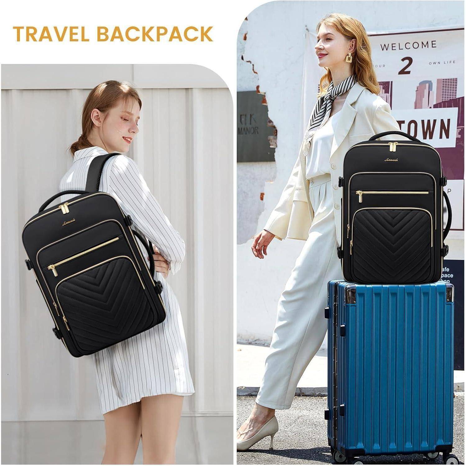 Werbebild 'Reiserucksack'. Links: Person mit schwarzem Rucksack, gestreifter Kleidung. Rechts: Person mit schwarzem Rucksack auf blauem Koffer, weiße Kleidung.