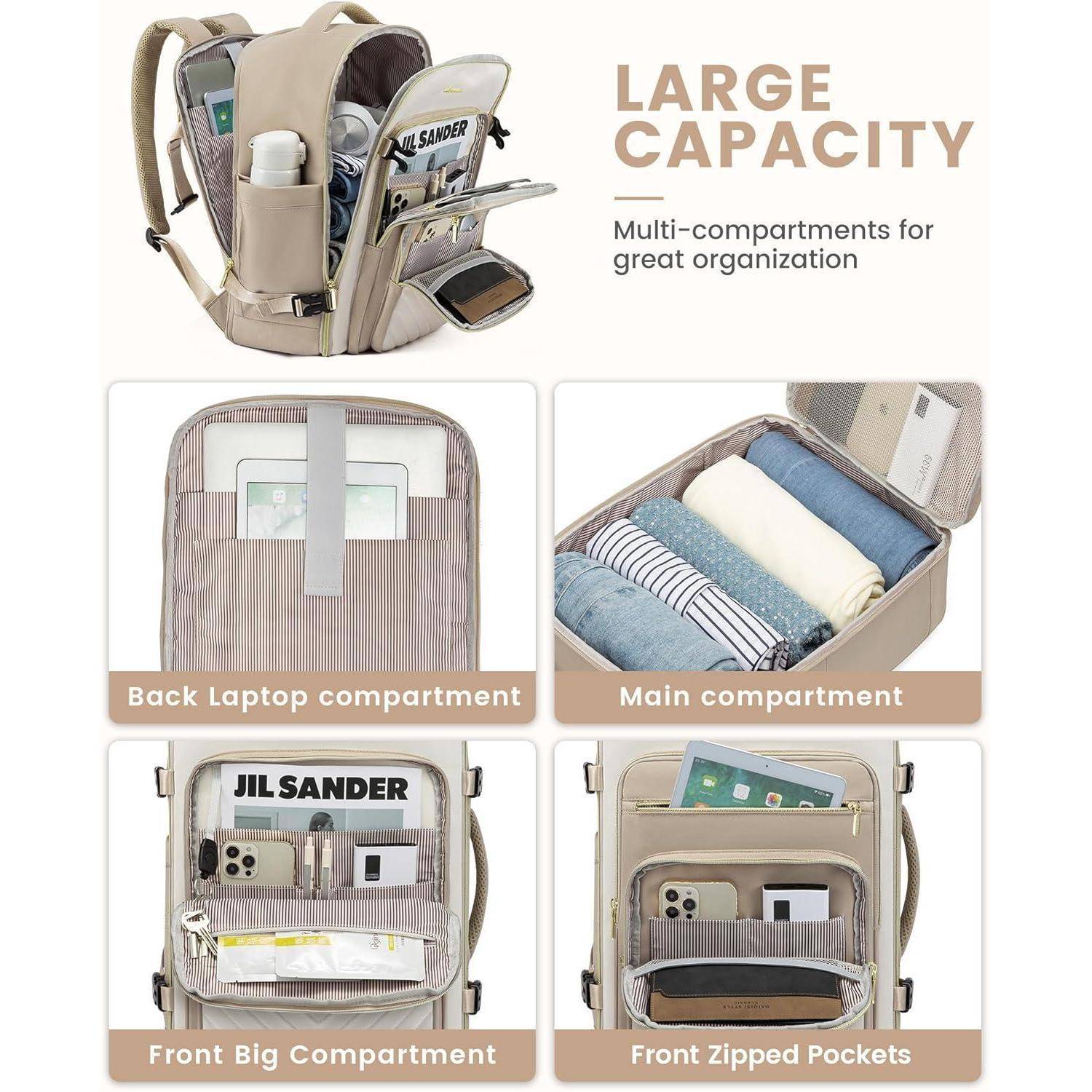 Handgepäck Rucksack 40L Damen Laptop Reiserucksack 17 Zoll Beige Khaki