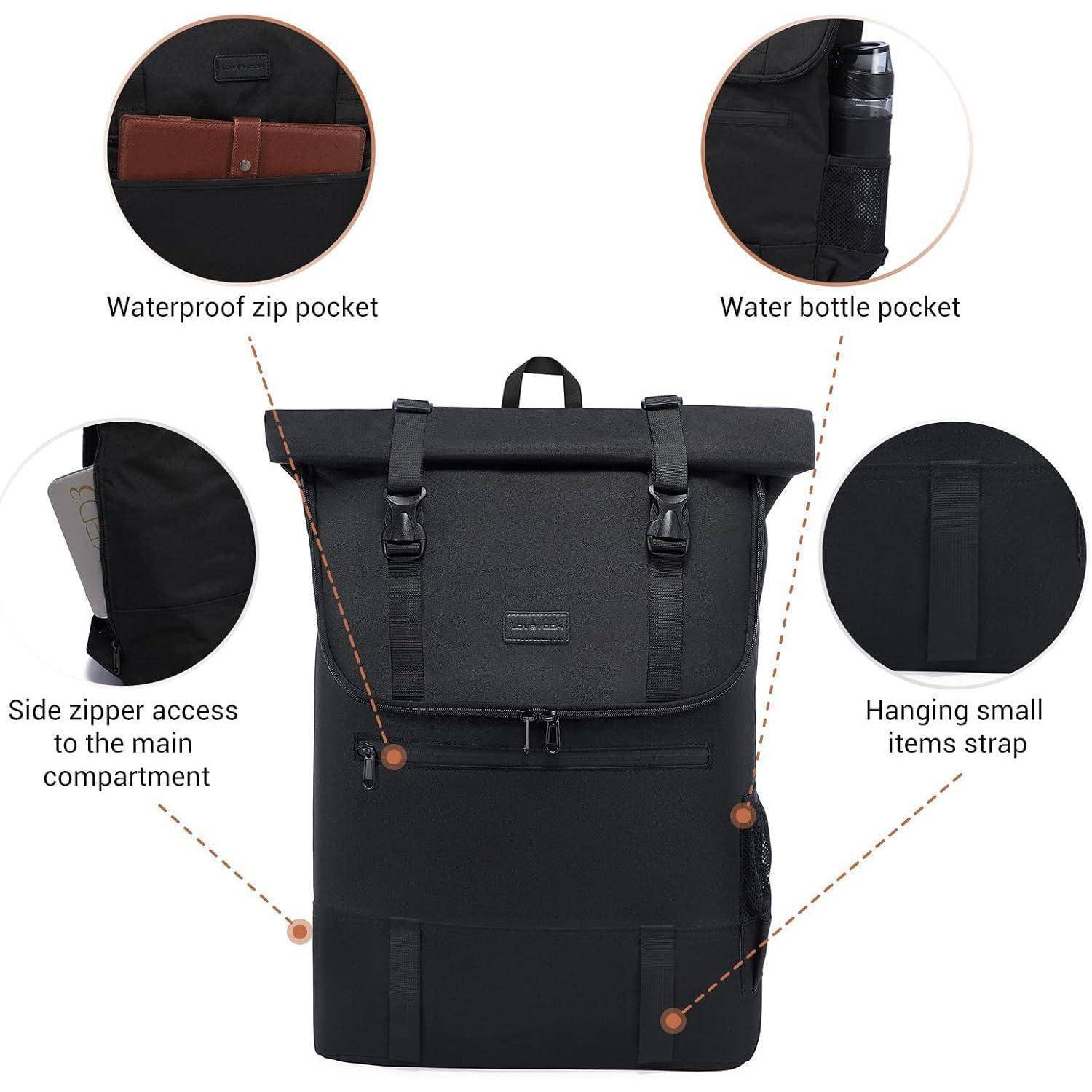 Wasserdichter Rolltop Rucksack 17,3 Zoll Schwarz Uni Arbeit Reisen