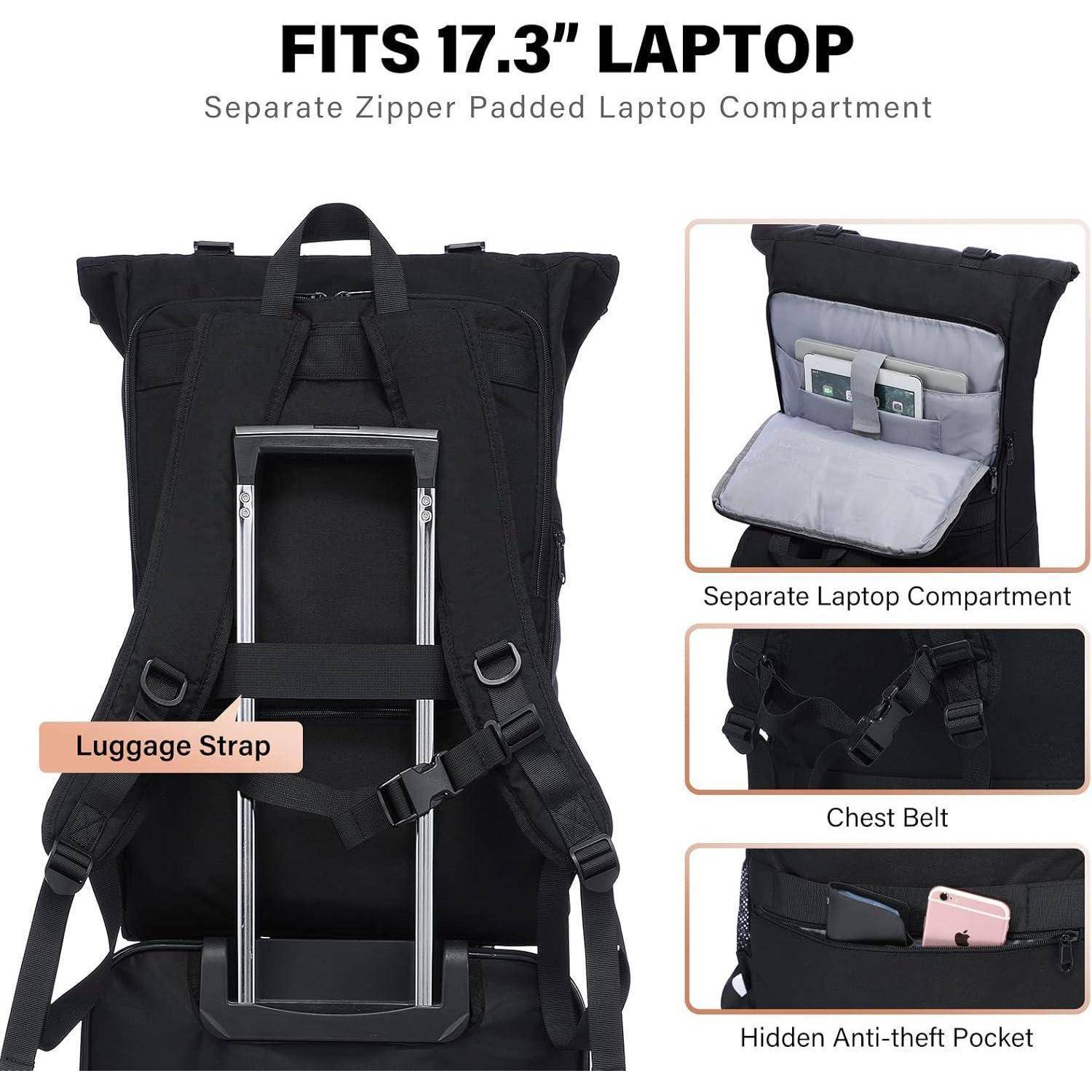 Wasserdichter Rolltop Rucksack 17,3 Zoll Schwarz Uni Arbeit Reisen